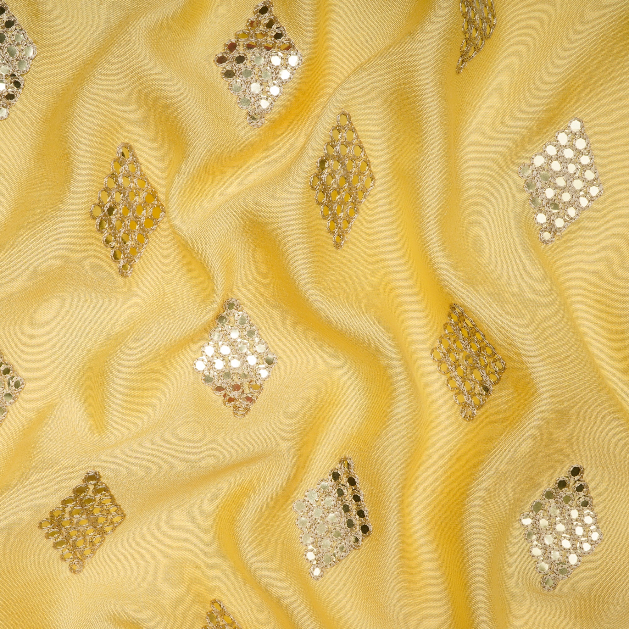 Bright Yellow Daimond Pattern Embroidered Viscose Silk Fabric