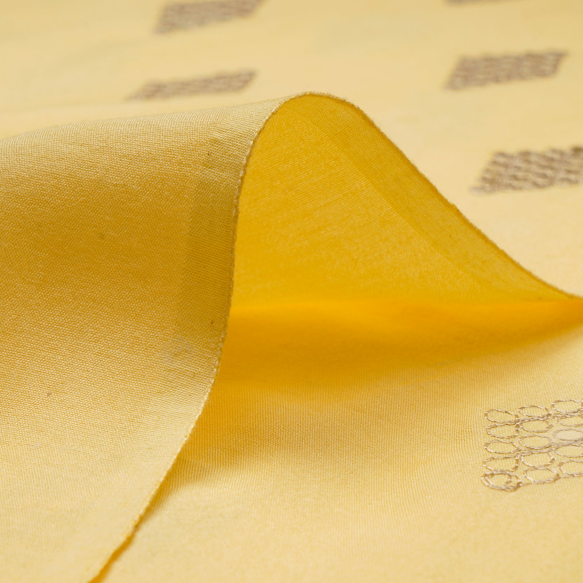 Bright Yellow Daimond Pattern Embroidered Viscose Silk Fabric
