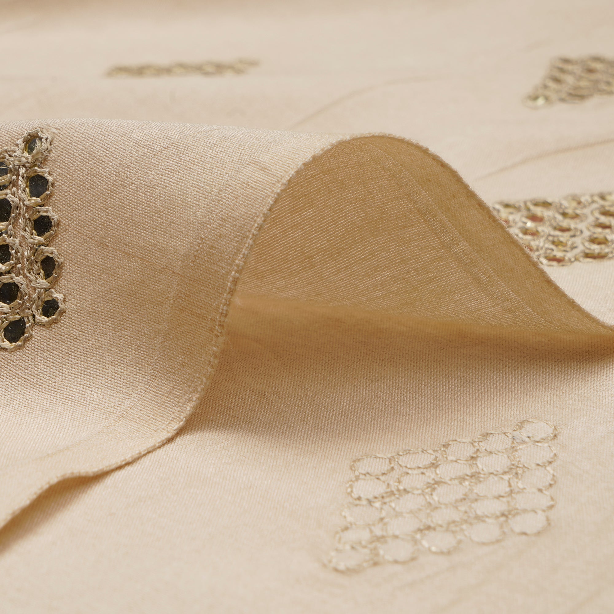 Champagne Daimond Pattern Embroidered Viscose Silk Fabric