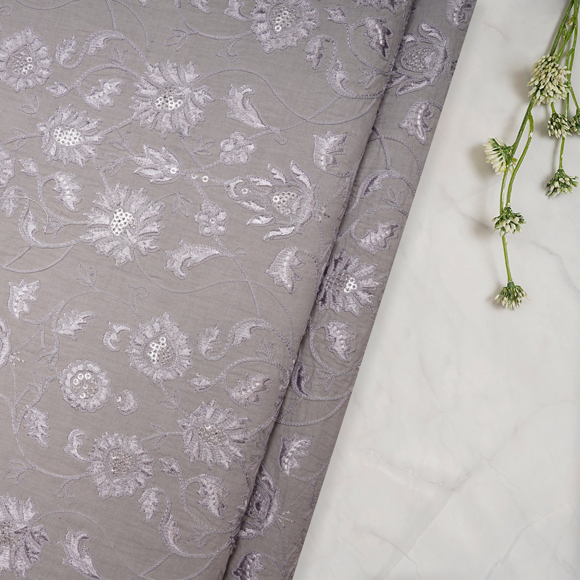 Grey Floral Pattern Thread Embroidered Kora Cotton Fabric