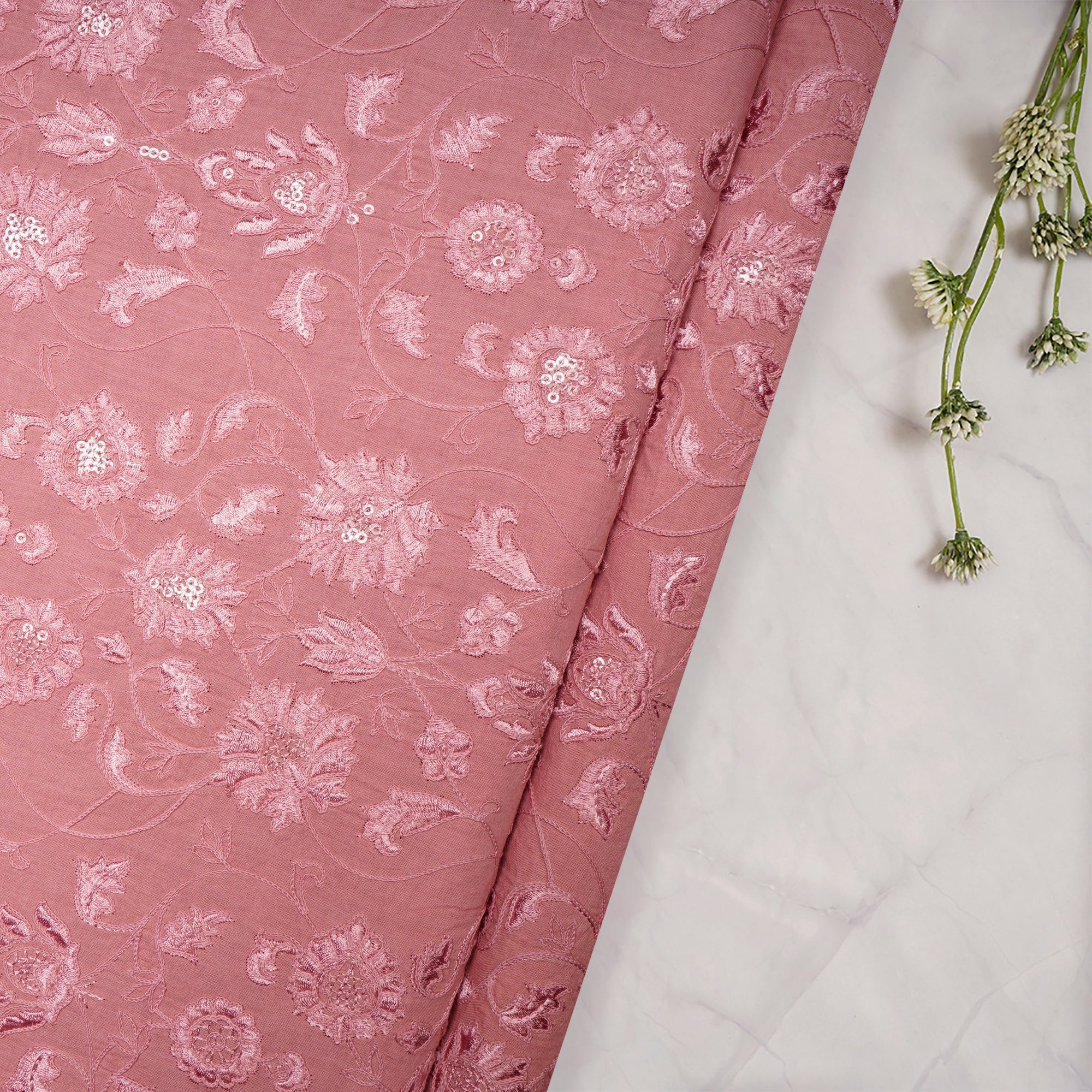 Powder Pink Floral Pattern Thread Embroidered Kora Cotton Fabric