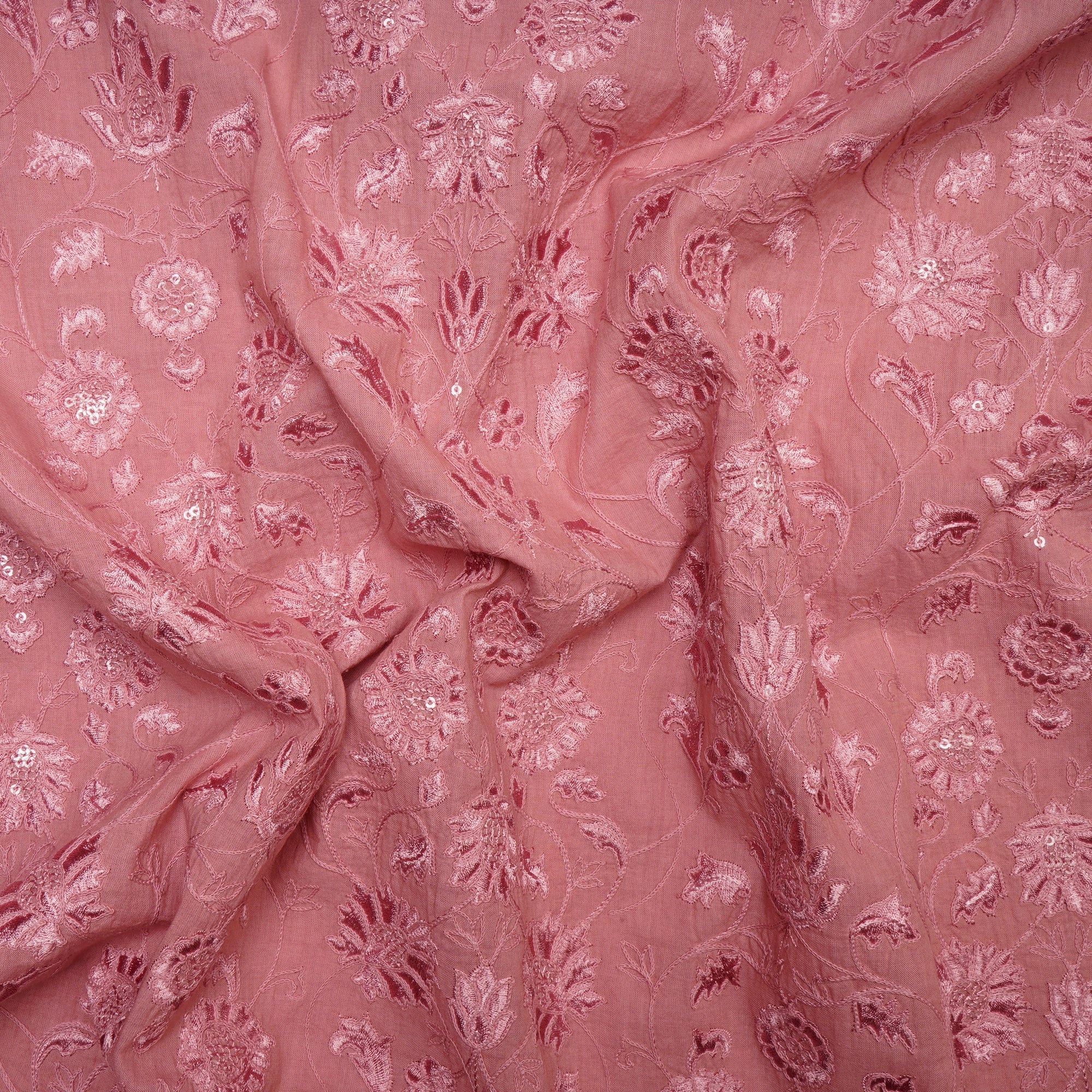 Powder Pink Floral Pattern Thread Embroidered Kora Cotton Fabric