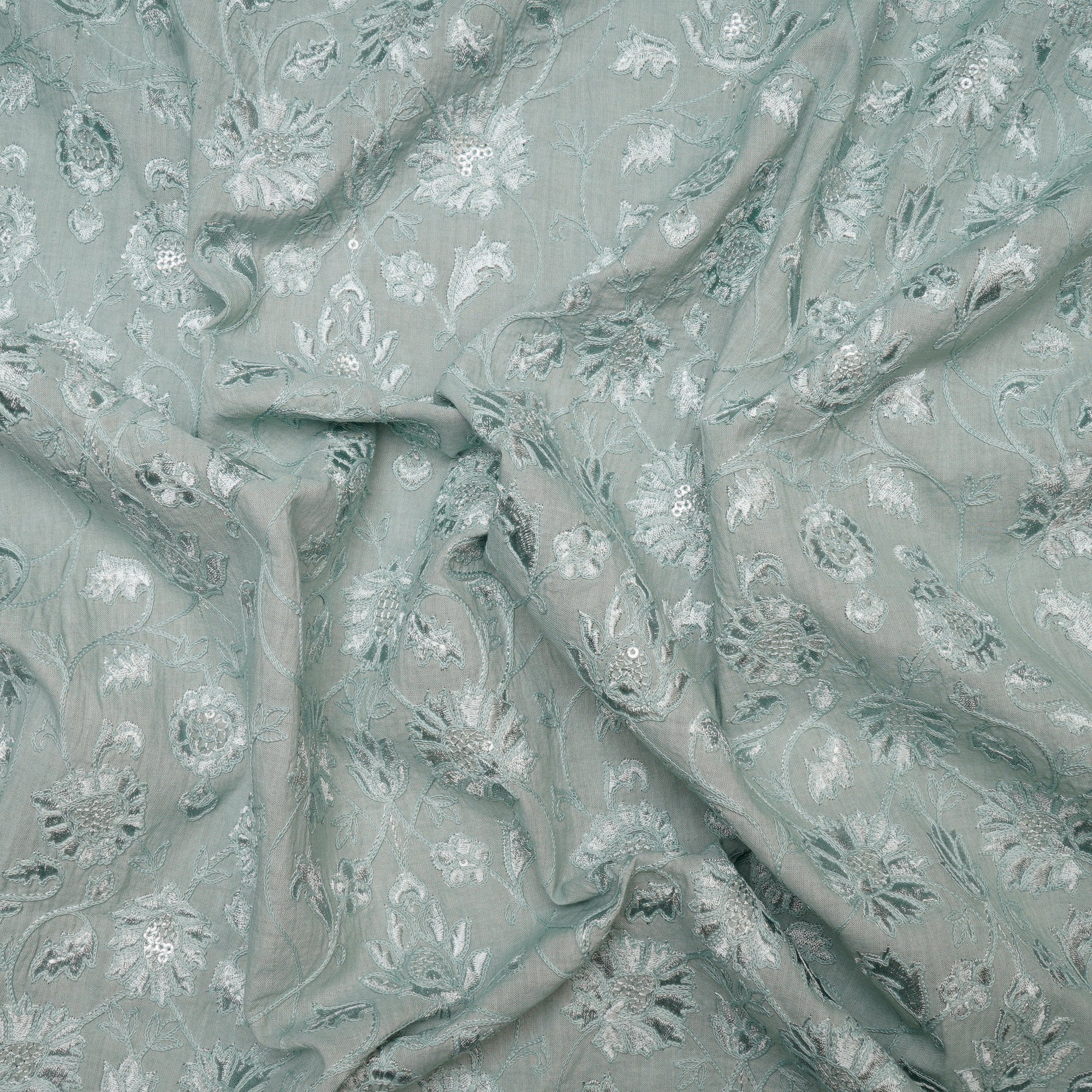 Mint Green Floral Pattern Thread Embroidered Kora Cotton Fabric