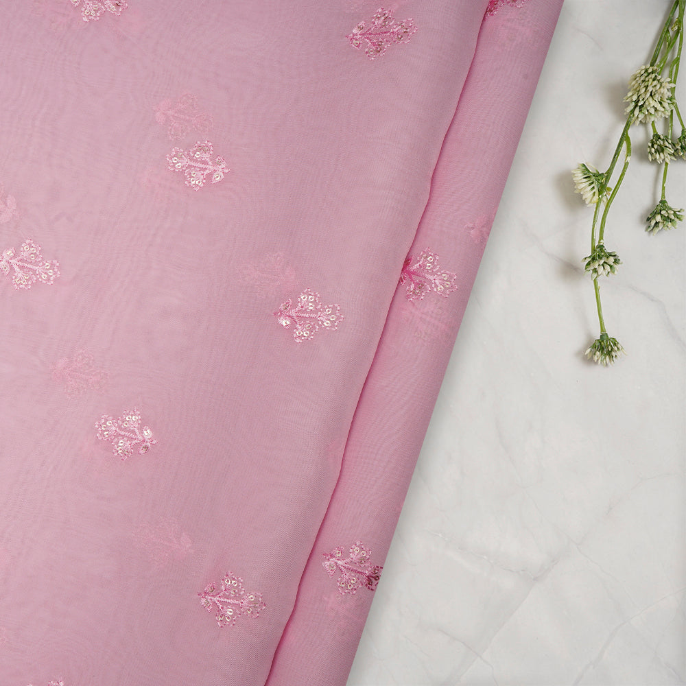 Pink Embroidered Viscose Organza Fabric