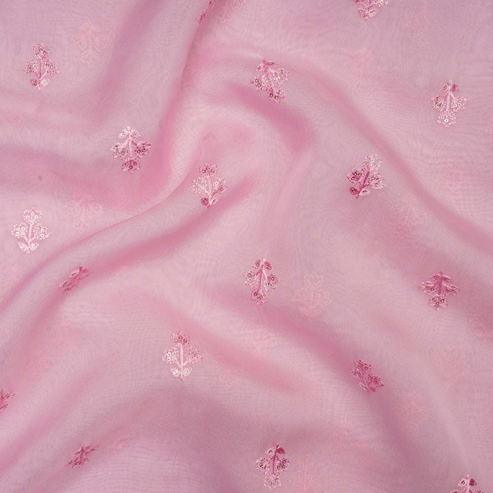 Pink Embroidered Viscose Organza Fabric