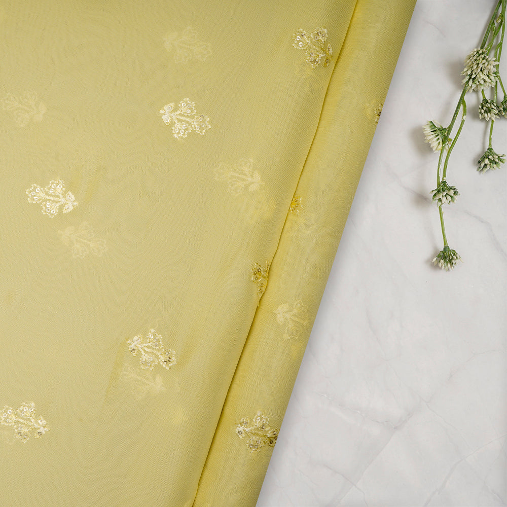 Lime Yellow Embroidered Viscose Organza Fabric