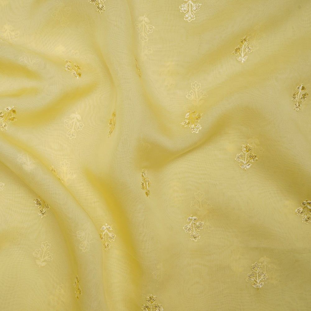 Lime Yellow Embroidered Viscose Organza Fabric
