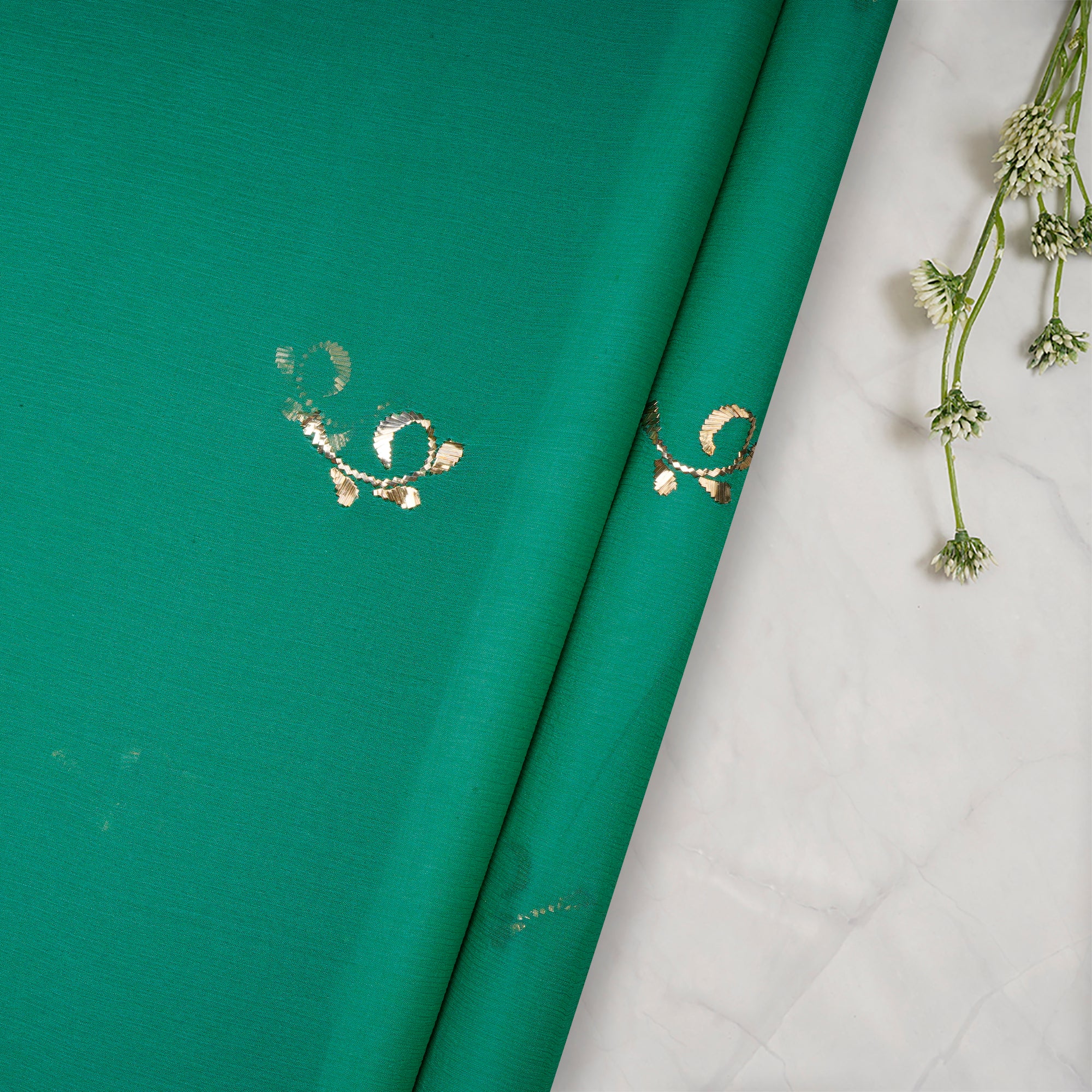 Aquamarine Green Handcrafted Mukaish Work Pure Chiffon Fabric