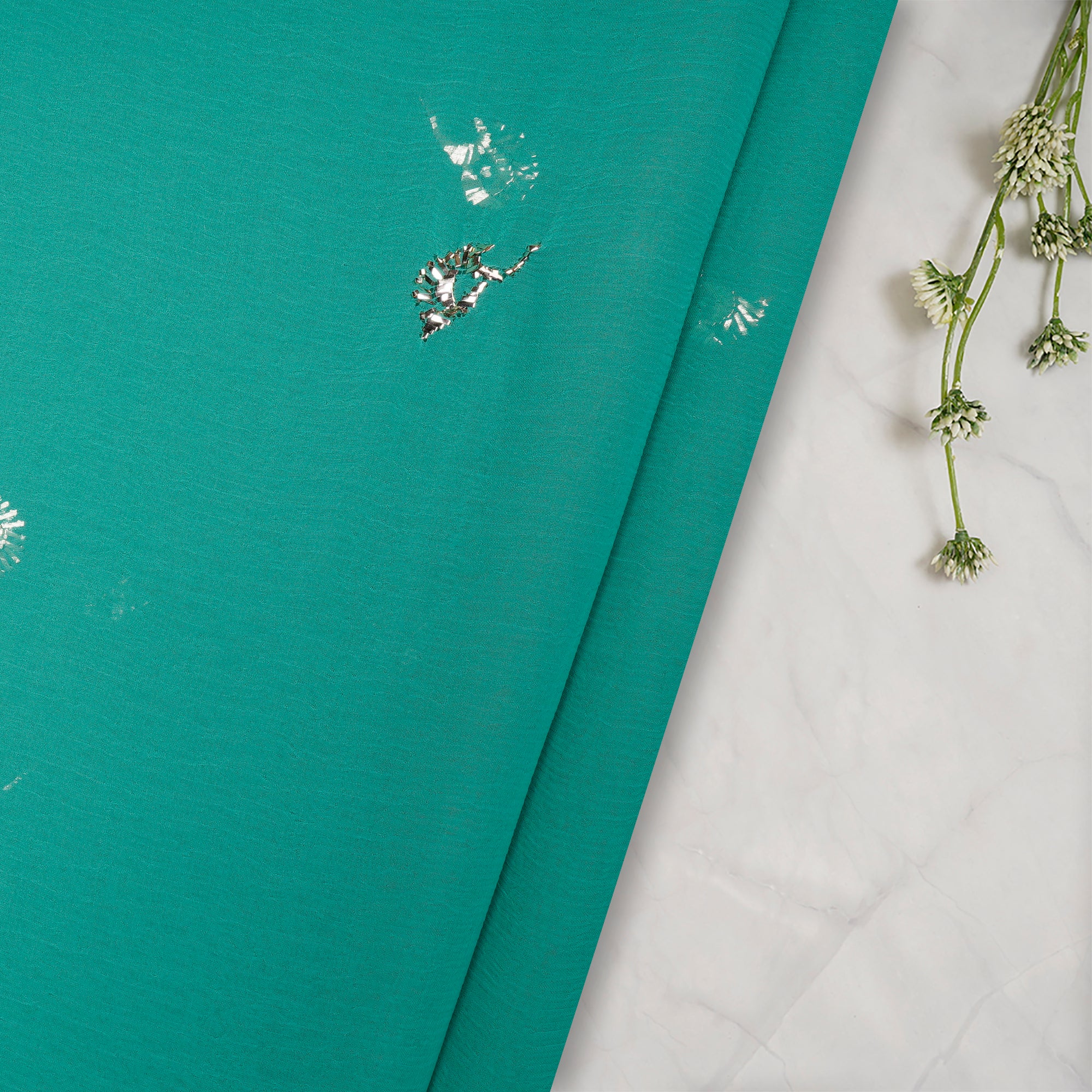 Seafoam Green Handcrafted Mukaish Work Pure Chiffon Fabric