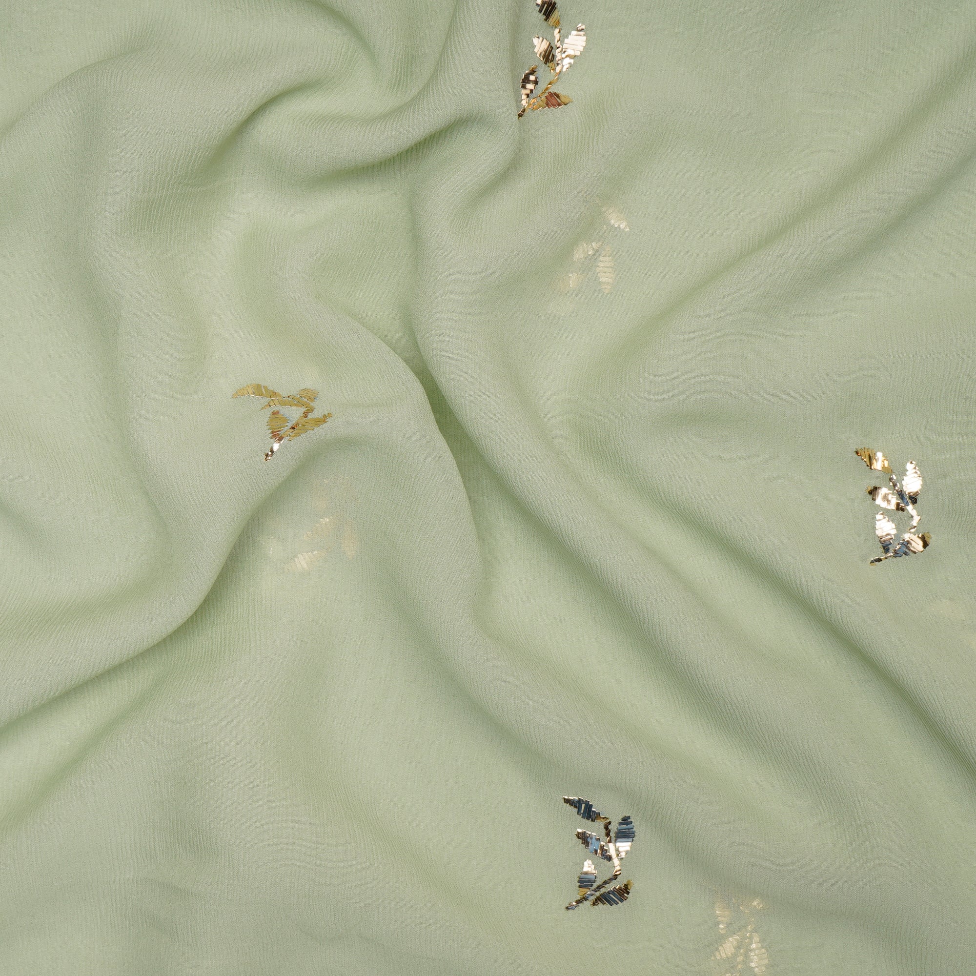 Light Pastel Green Handcrafted Mukaish Work Pure Chiffon Fabric