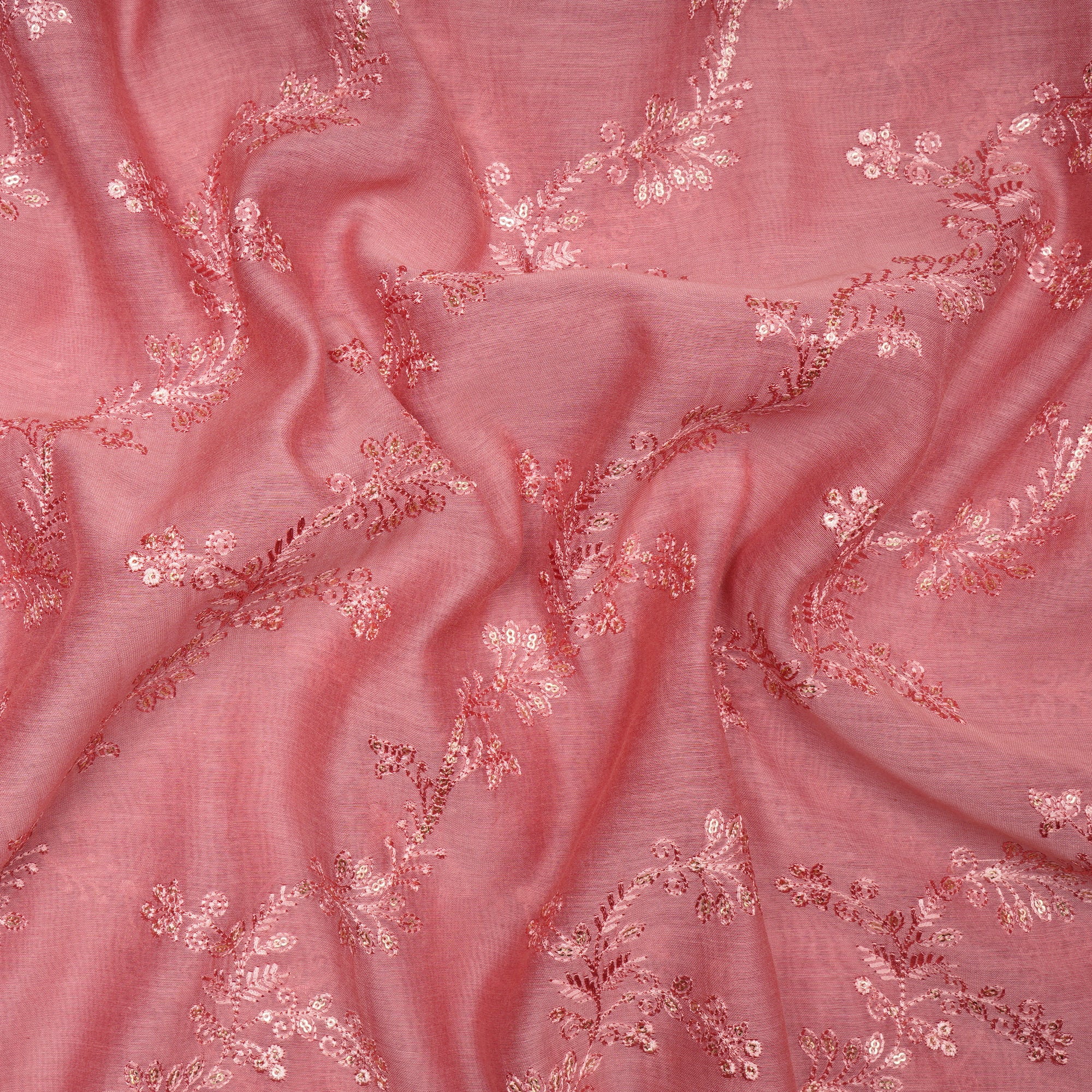 Mauveglow Flower Pattern Thread Sequin Embroidered Chanderi Fabric