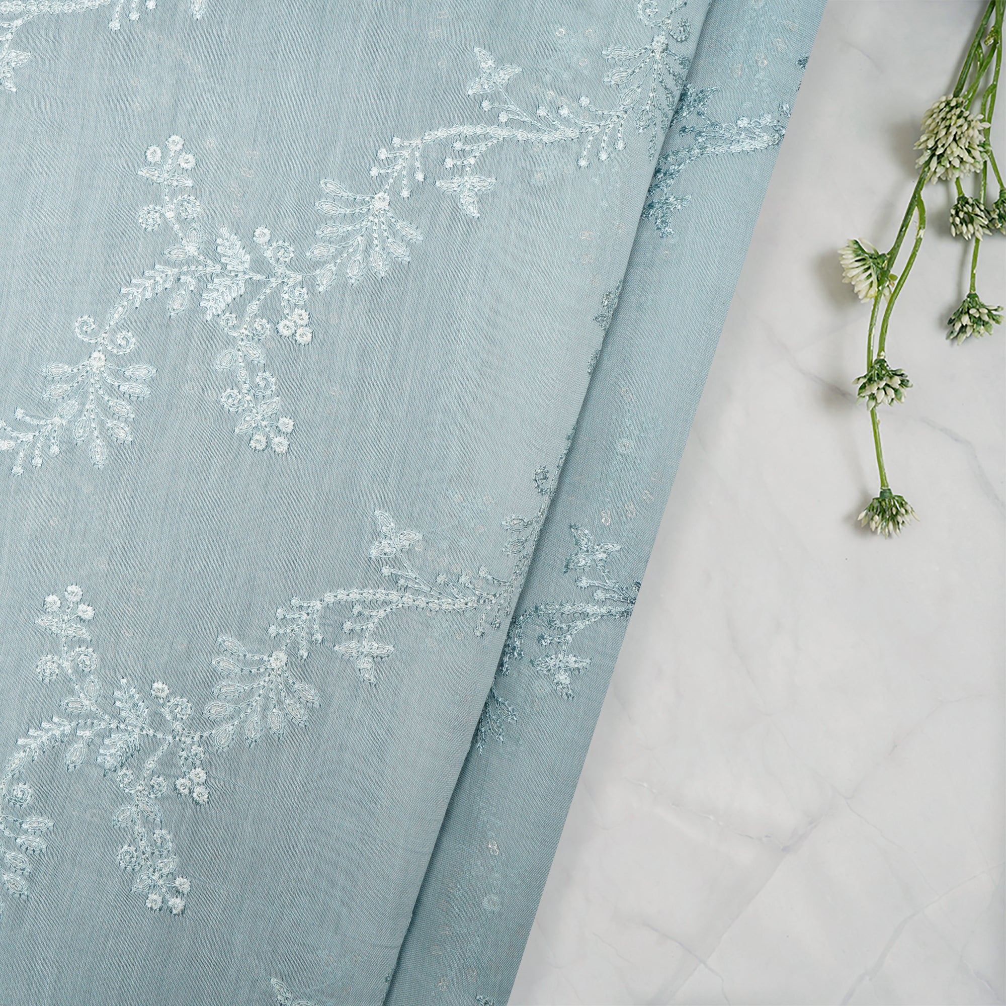 Gray Mist Flower Patteen Thread Sequin Embroidered Chanderi Fabric