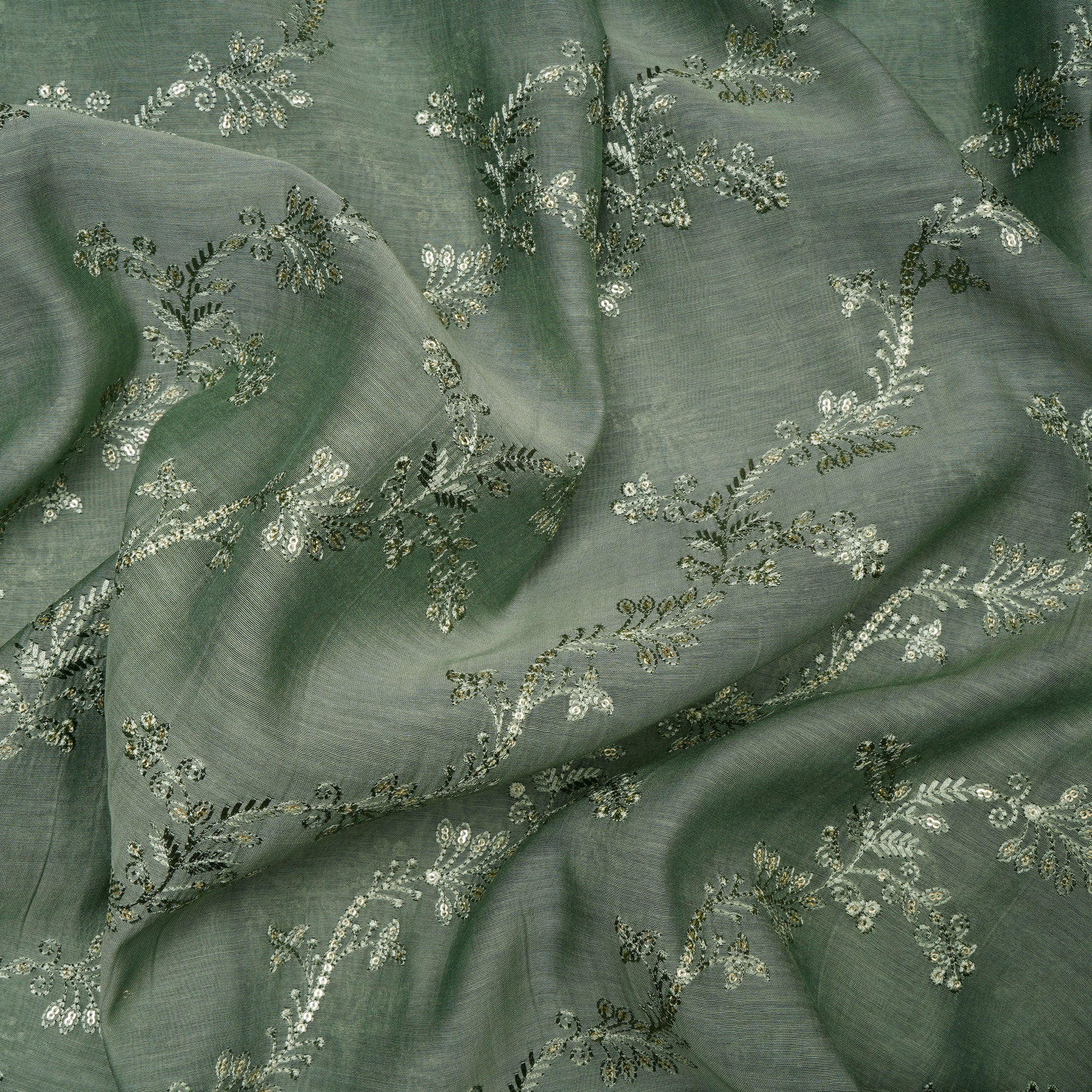 Oil Green Flower Patteen Thread Sequin Embroidered Chanderi Fabric