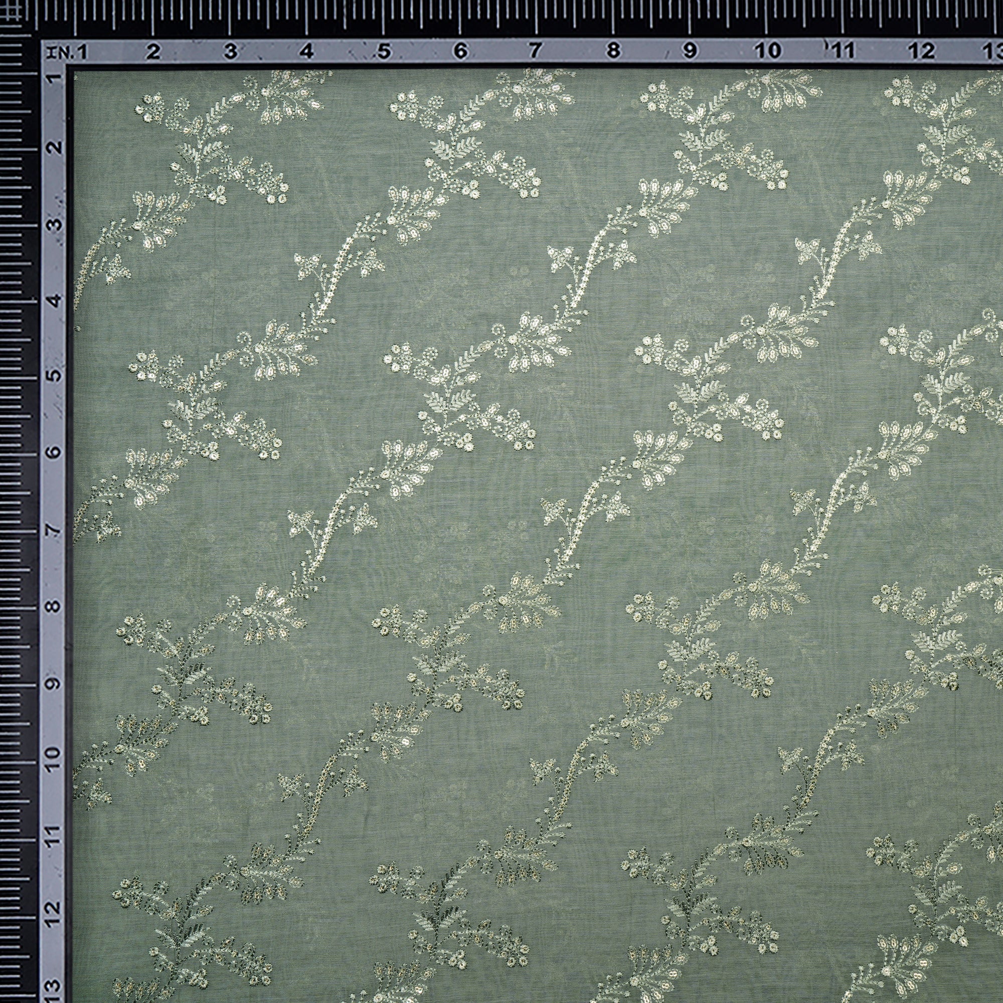 Oil Green Flower Patteen Thread Sequin Embroidered Chanderi Fabric