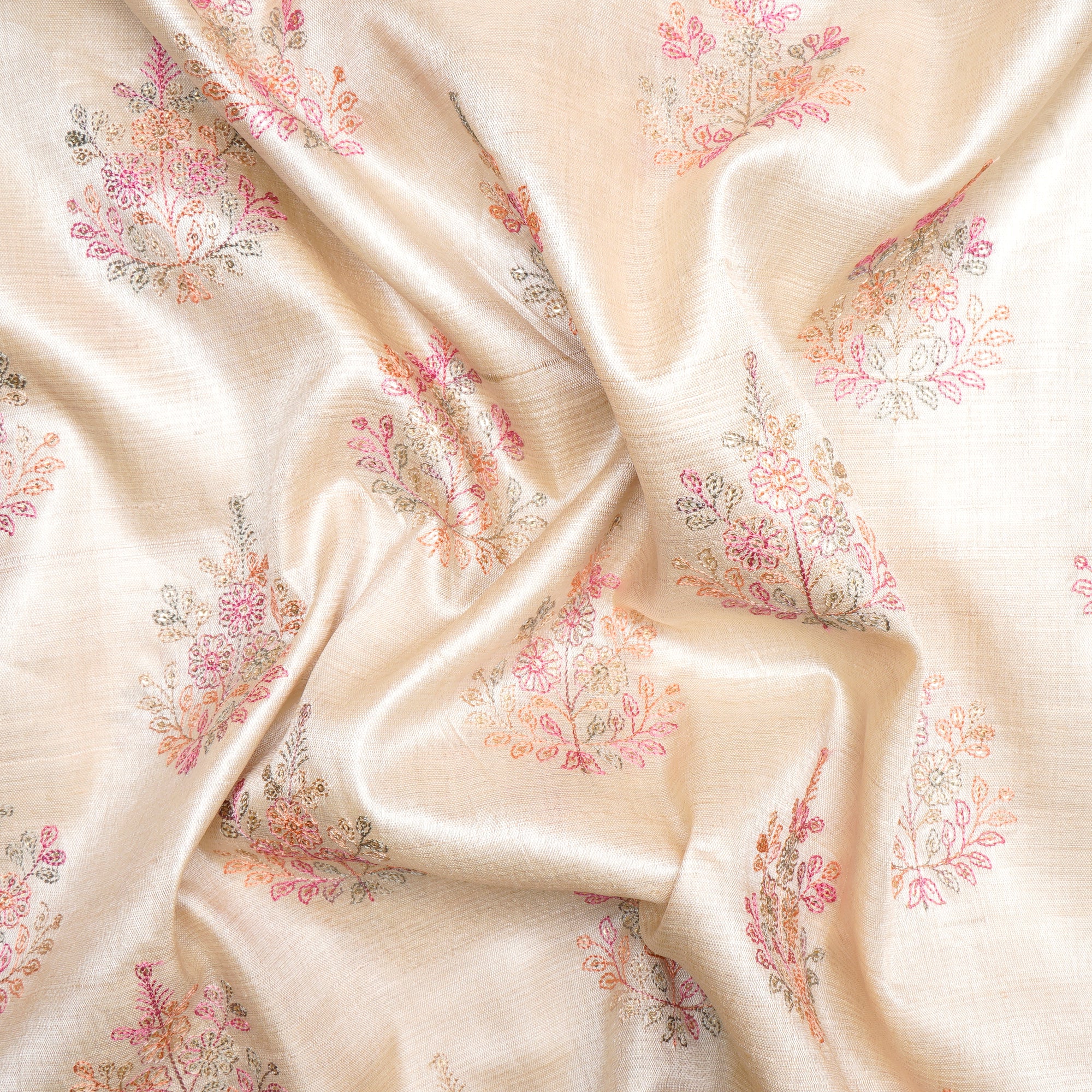 Natural Beige Motif Pattern Thread Embroidered Tusser Fabric