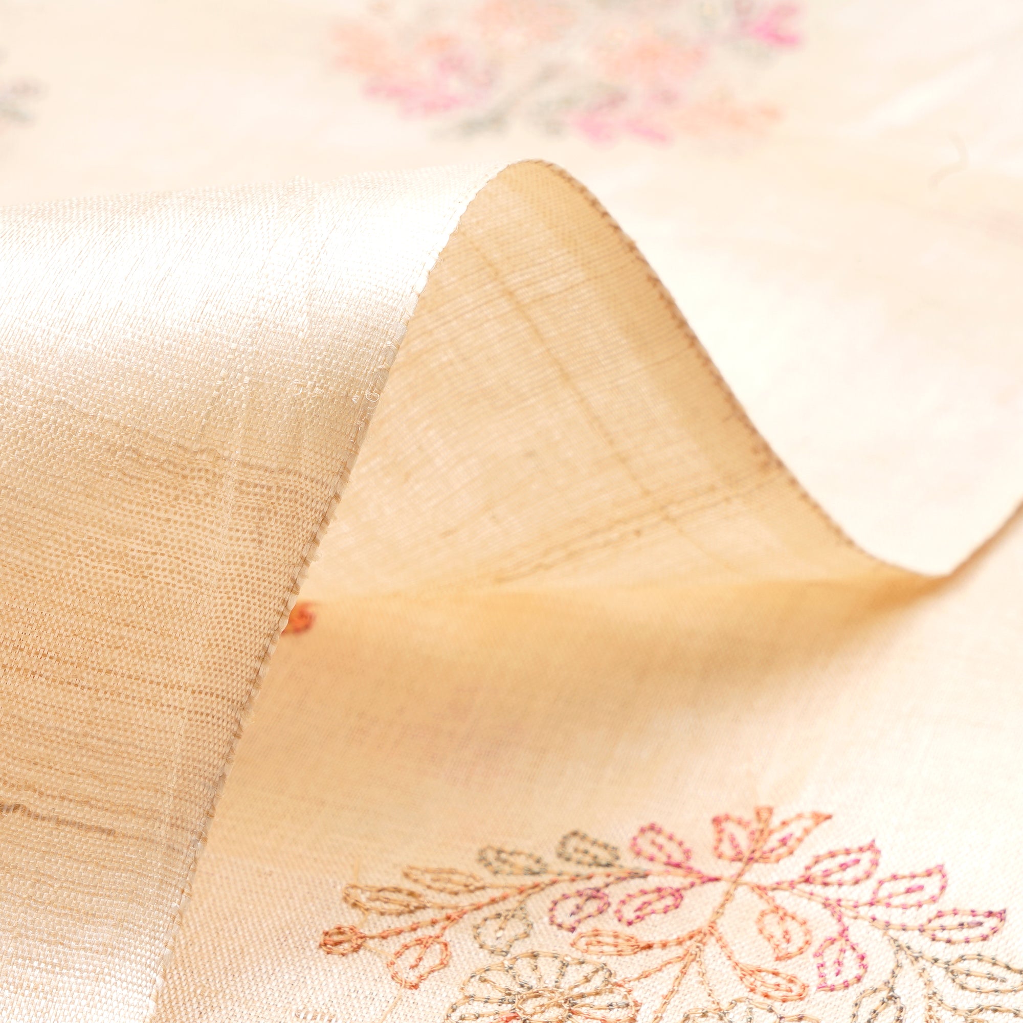 Natural Beige Motif Pattern Thread Embroidered Tusser Fabric