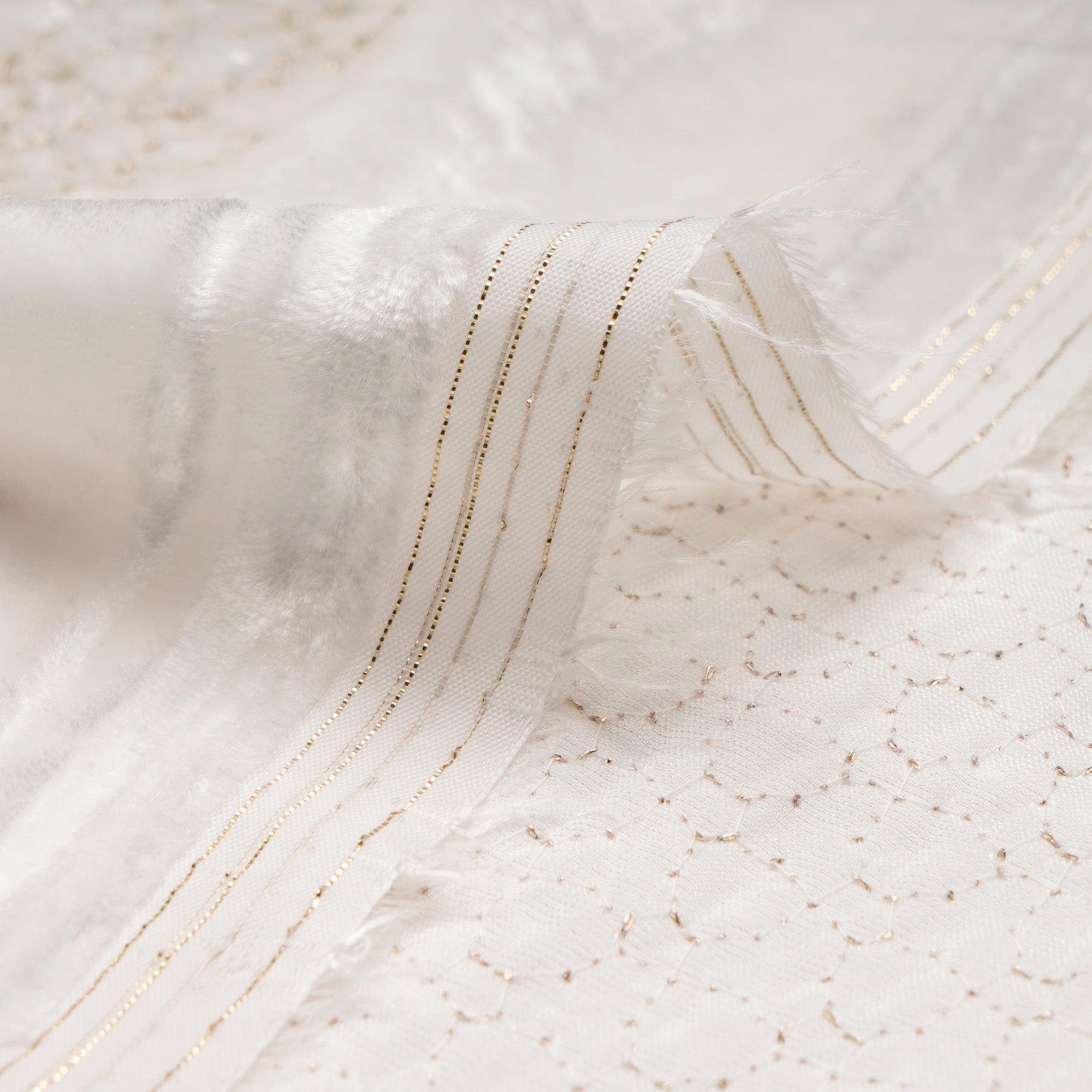 White Dyeable Zari Embroidered Viscose Velvet Fabric