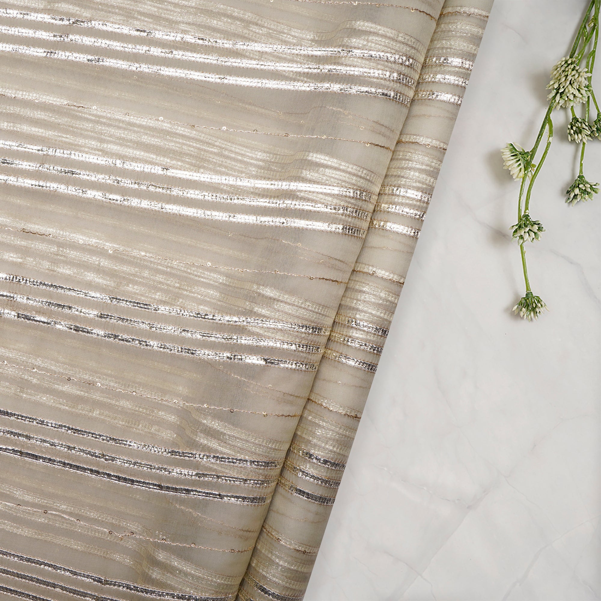 Gold Dyeable Stripe Pattern Embroidered Nylon Organza Fabric