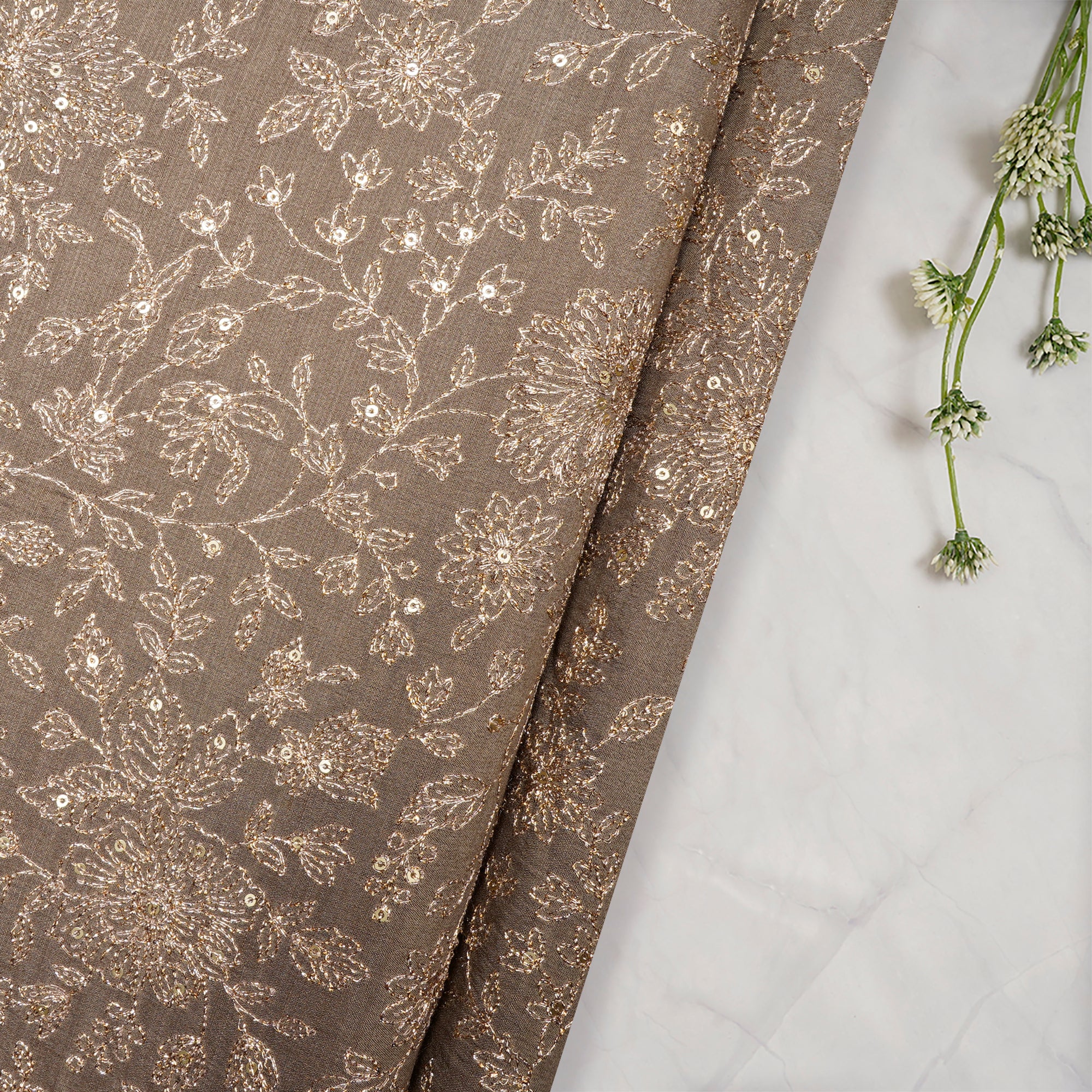 Taupe Floral Pattern Zari Embroidered Muga Silk Fabric