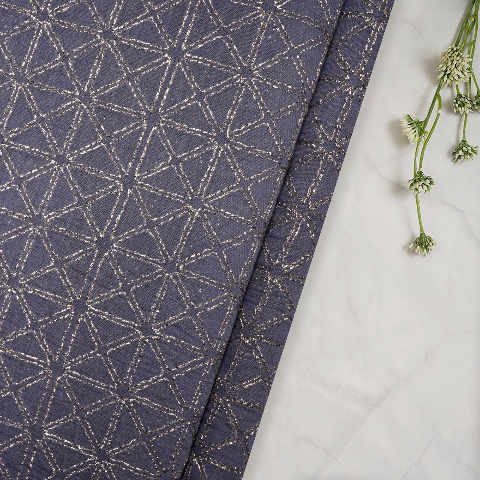 Moonlight Blue Geometric Pattern Embroidered Chanderi Fabric