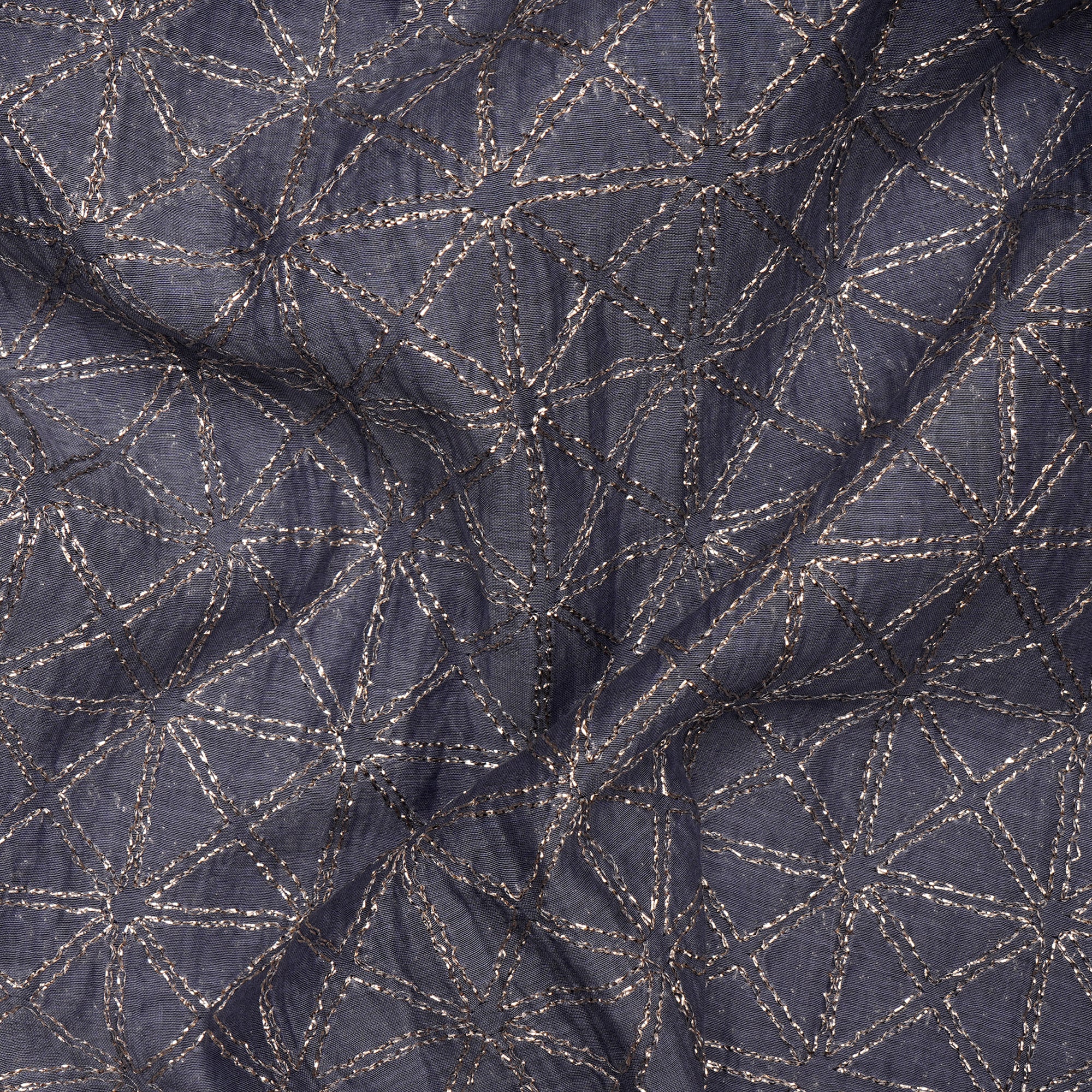 Moonlight Blue Geometric Pattern Embroidered Chanderi Fabric