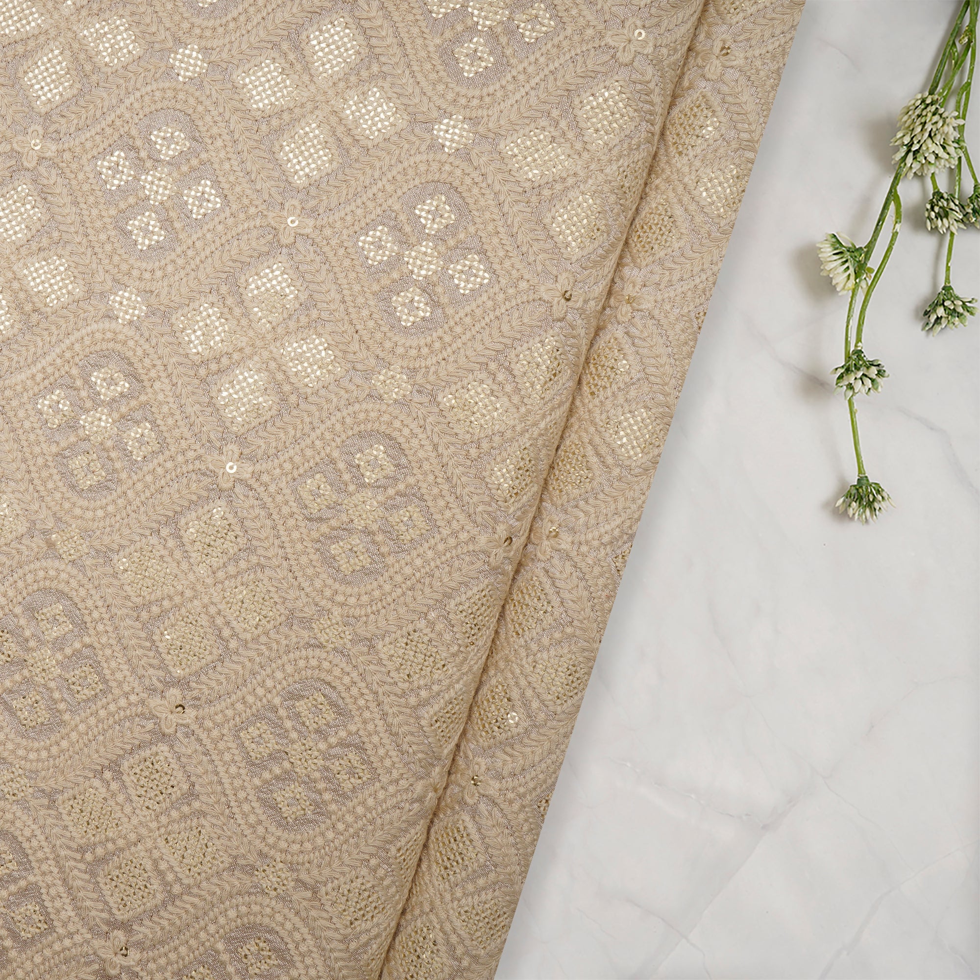 Beige All Over Pattern Embroidered Viscose Silk Fabric