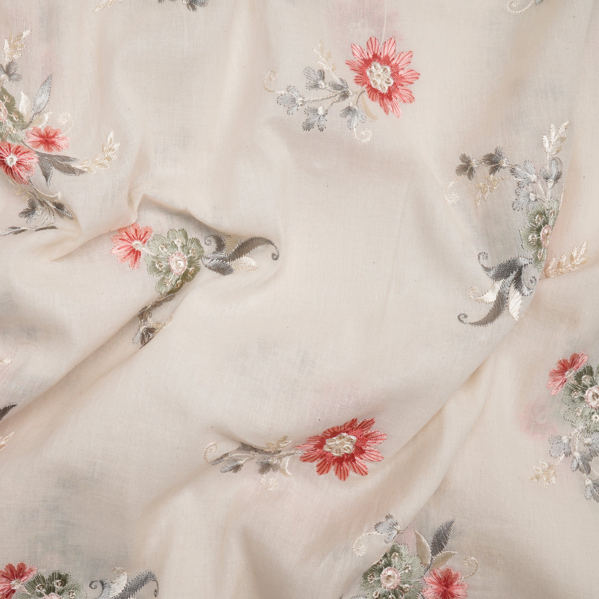 Cream Floral Boota Pattern Embroidered Cotton Fabric