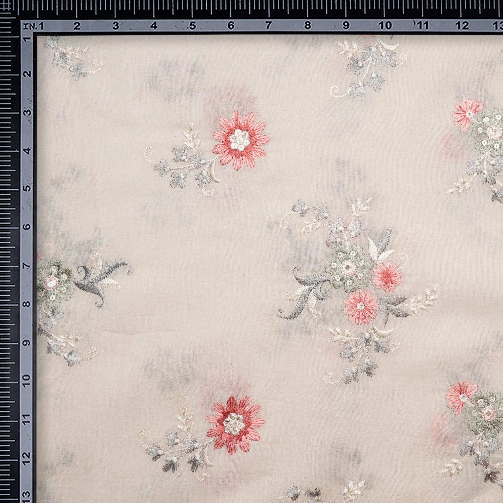 Cream Floral Boota Pattern Embroidered Cotton Fabric