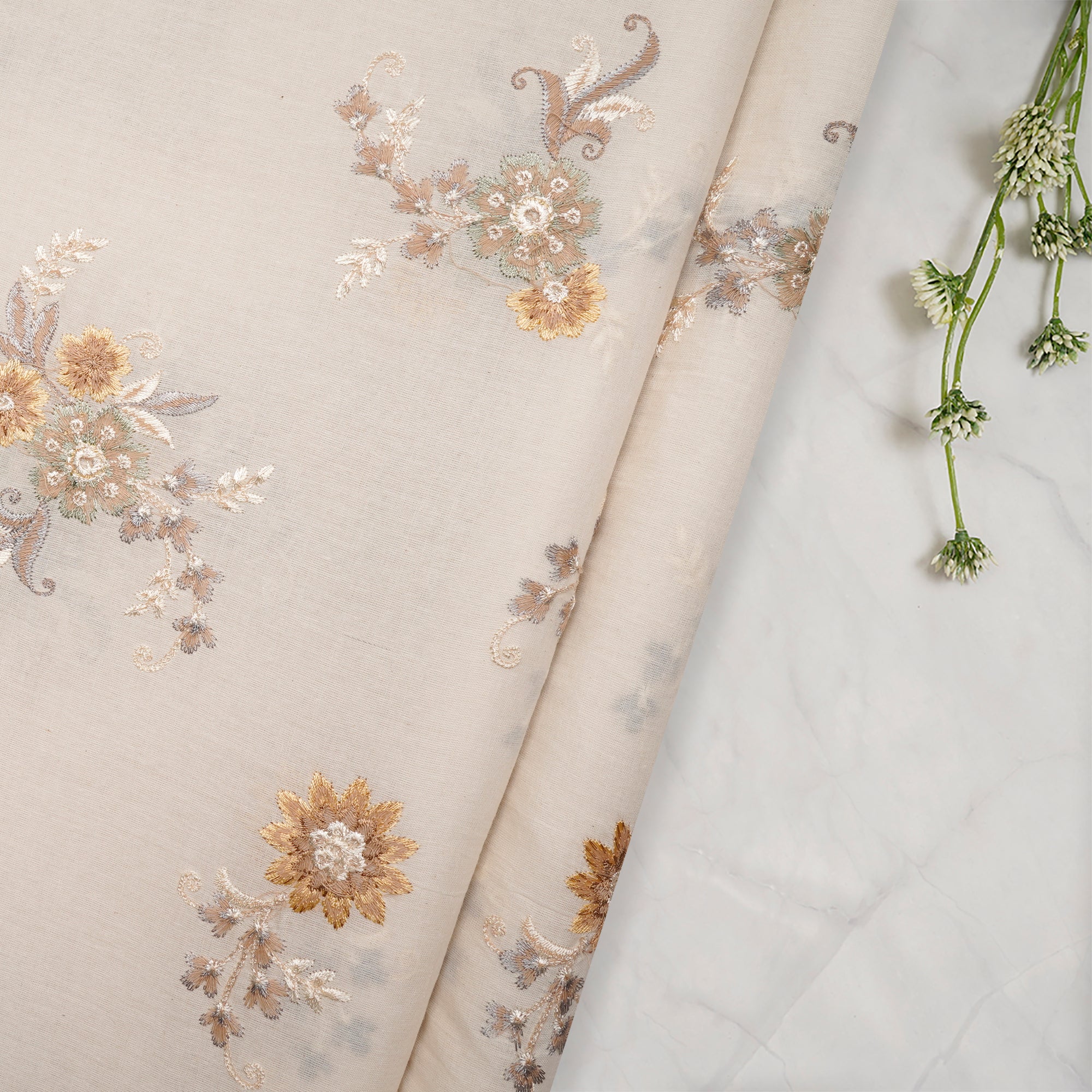 Buy Cream Floral Boota Pattern Embroidered Cotton Fabric 74246/2 | FFAB