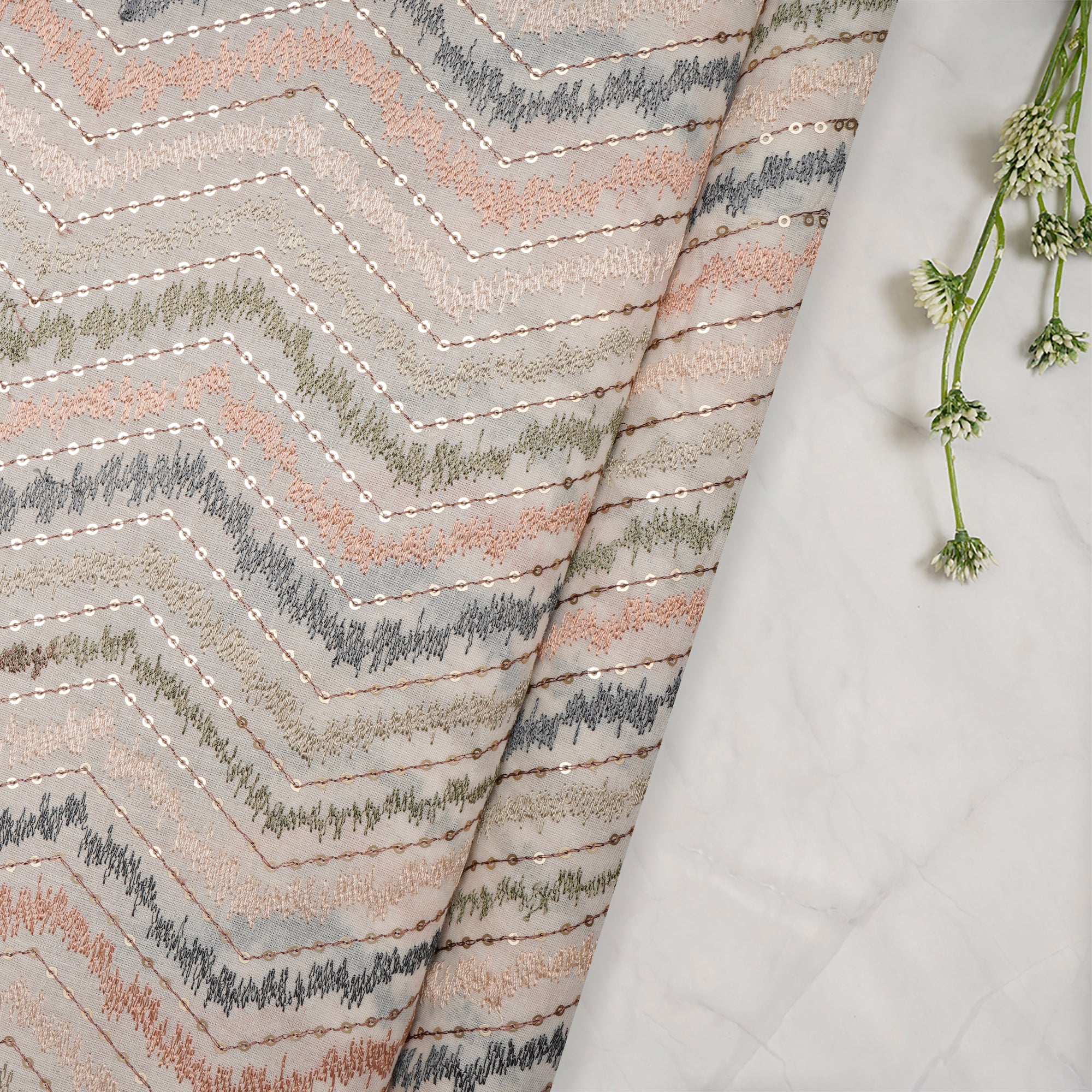 Cream Base with Multi Thread Geometric Pattern Embroidered Cotton Fabric
