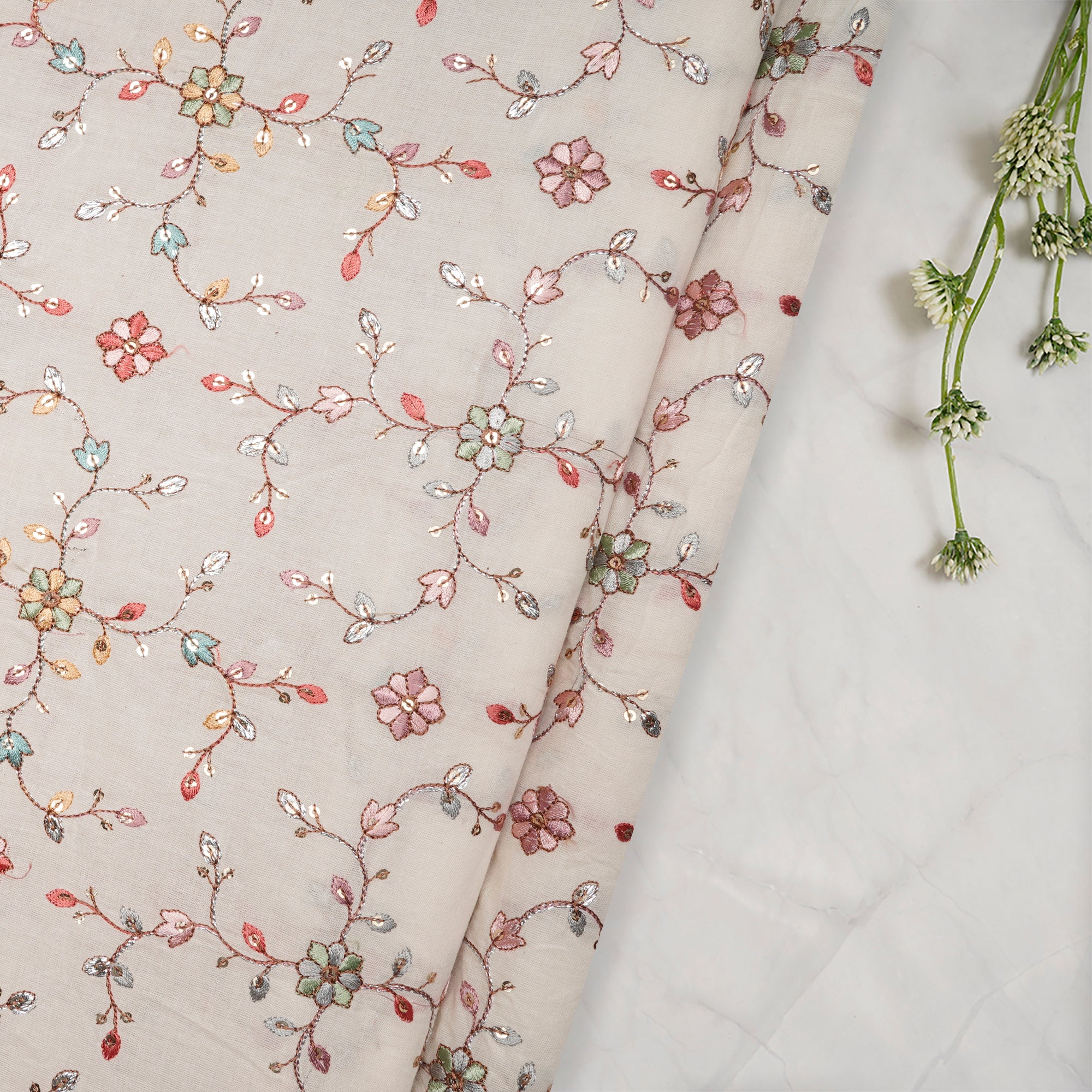 Cream All Over Floral Pattern Embroidered Cotton Fabric
