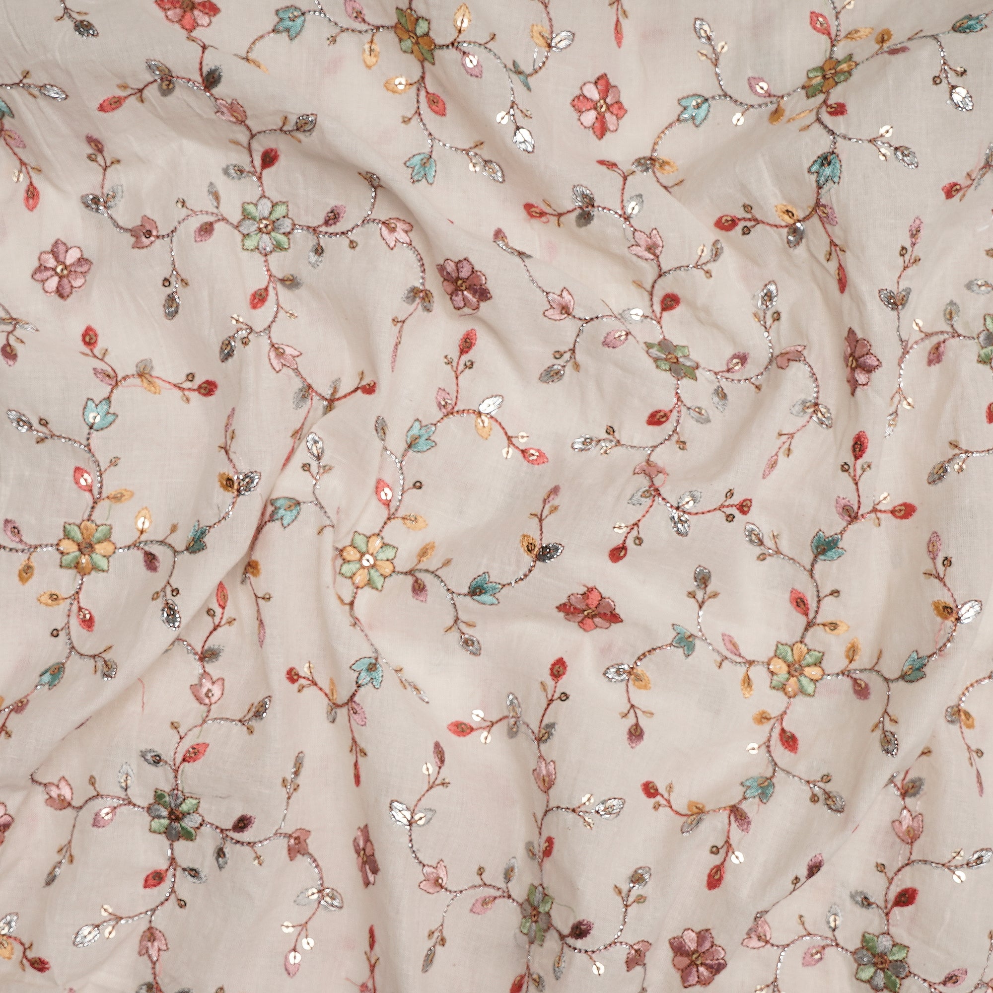 Cream All Over Floral Pattern Embroidered Cotton Fabric