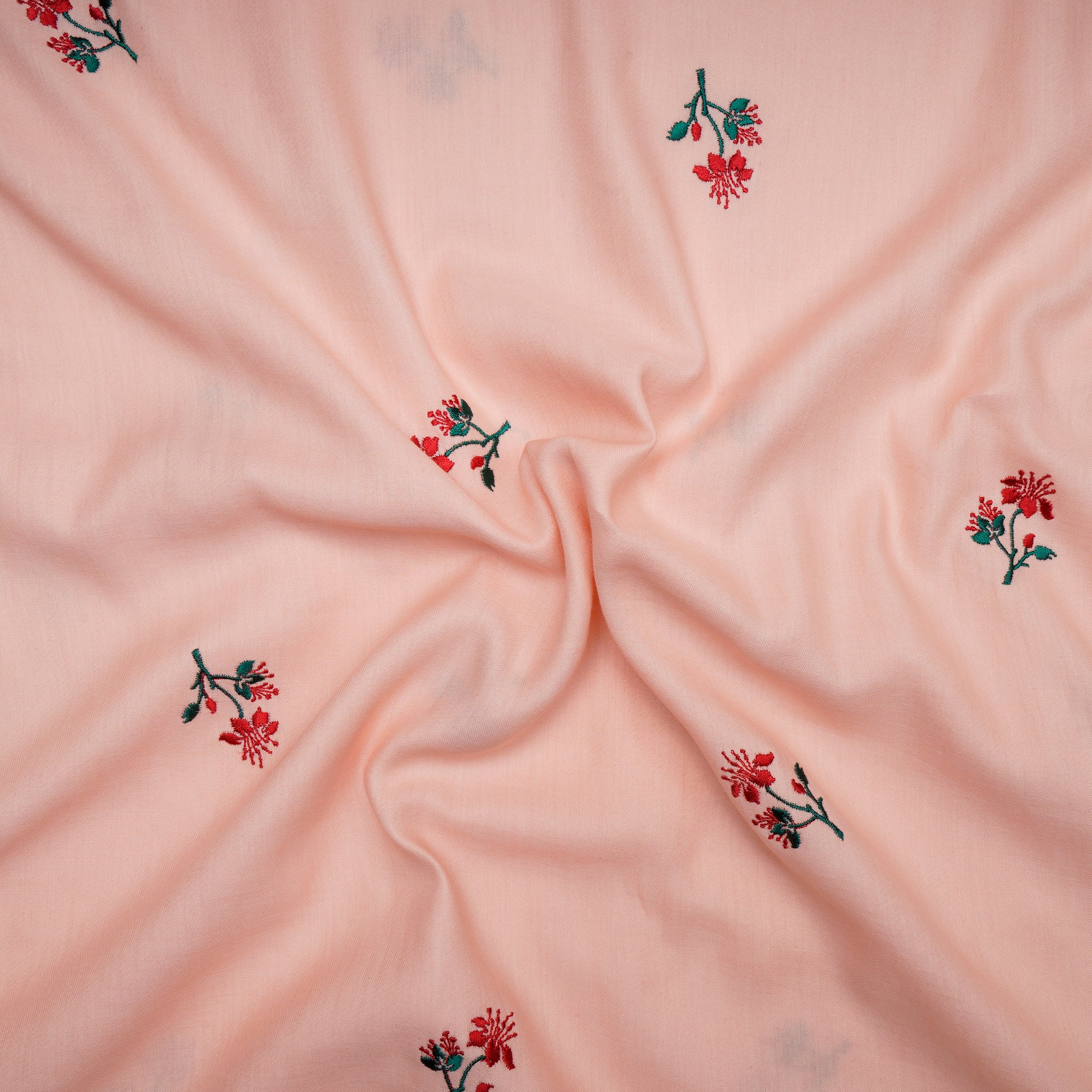 Tropical Peach Booti Patten Embroidered Cotton Satin Fabric