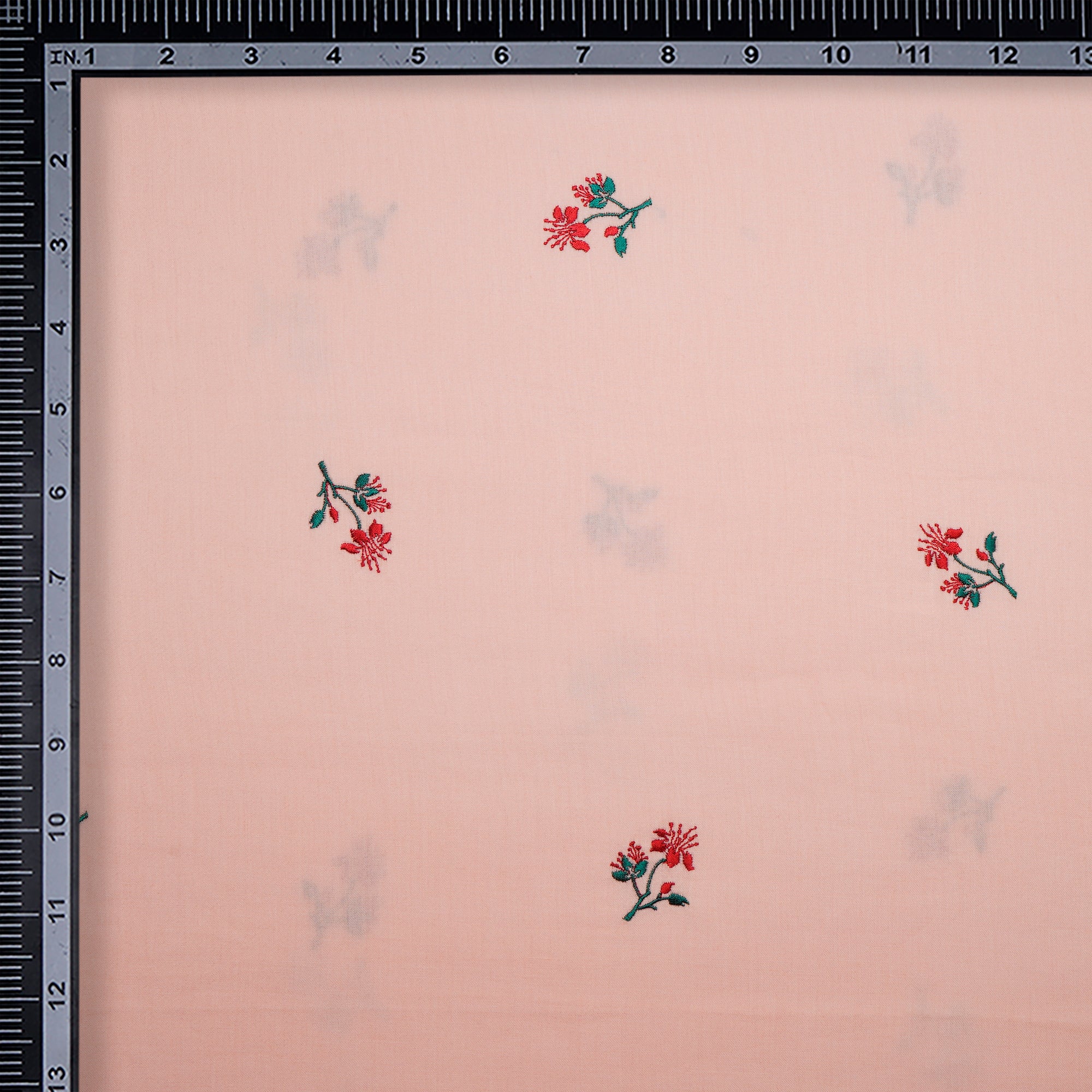 Tropical Peach Booti Patten Embroidered Cotton Satin Fabric