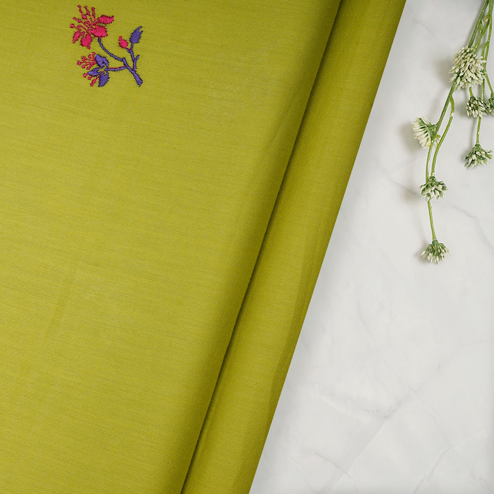 Lime Green Booti Patten Embroidered Cotton Satin Fabric