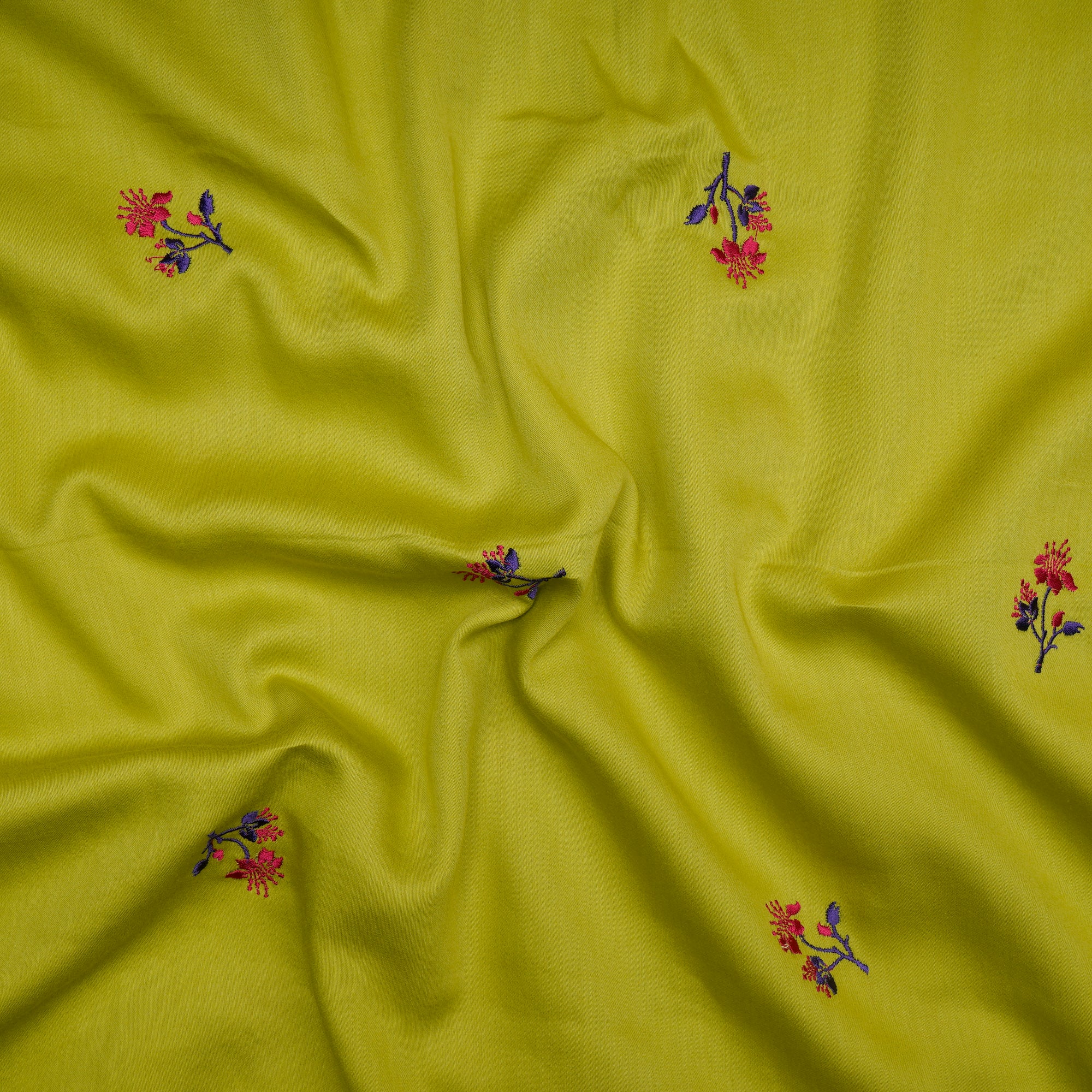 Lime Green Booti Patten Embroidered Cotton Satin Fabric