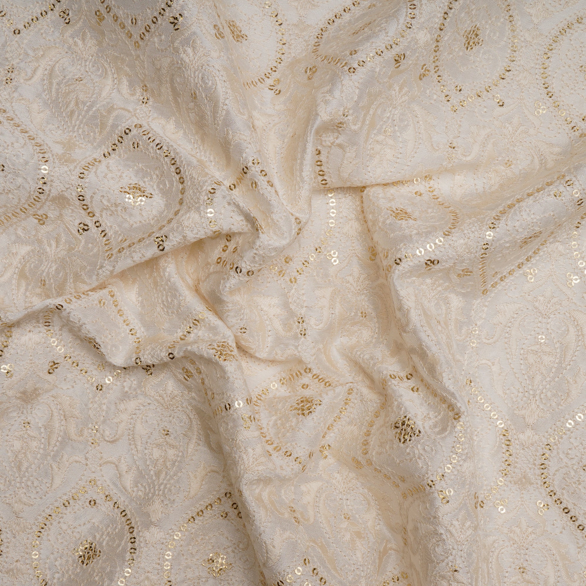 White Dyeable Traditional Pattern Embroidered with Thread & Sequine Mysore Silk Fabric