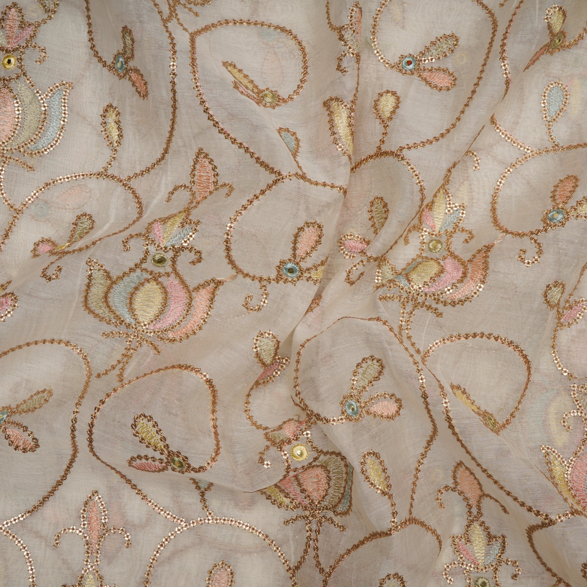 Off White-Beige All Over Pattern Embroidered Chanderi Fabric
