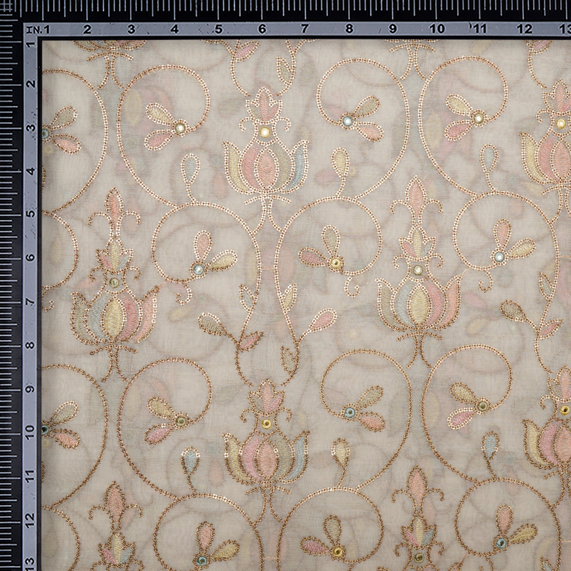 Off White-Beige All Over Pattern Embroidered Chanderi Fabric