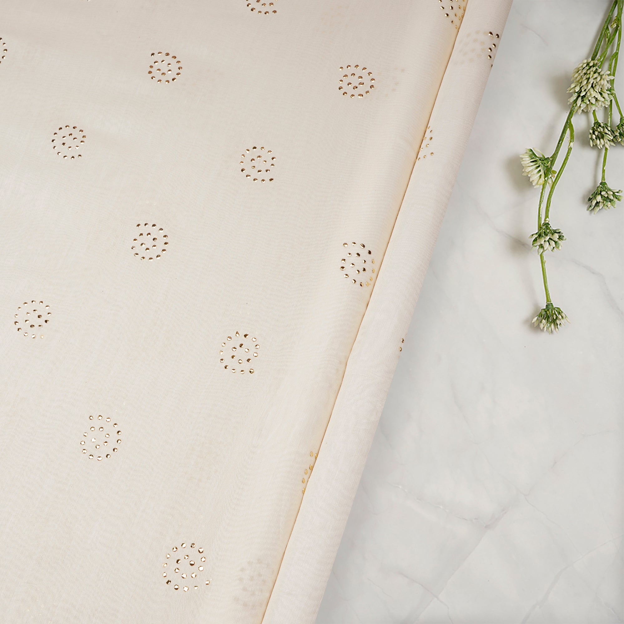 Off White Dyeable Mukaish Look Dewdrops Work Pure Fine Chanderi Fabric