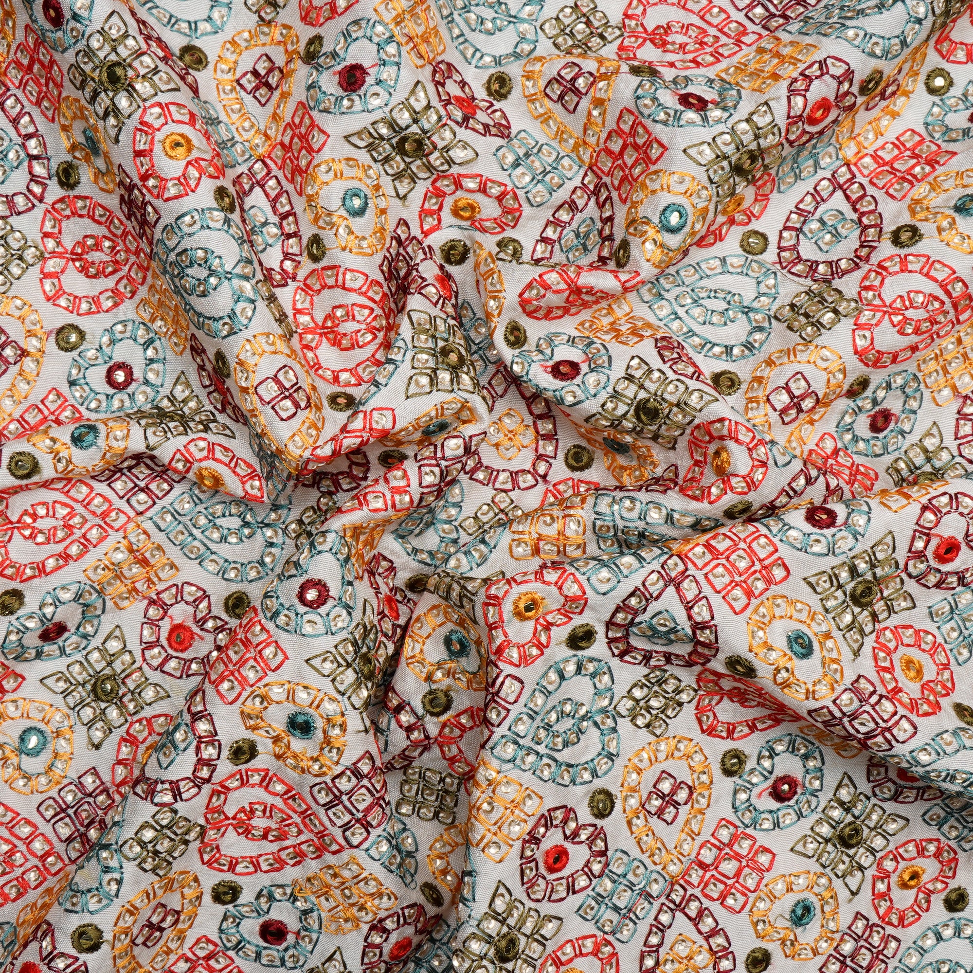 Multi Color Thread All Over Pattern Sequins Embroidered Viscose Mysore Silk Fabric