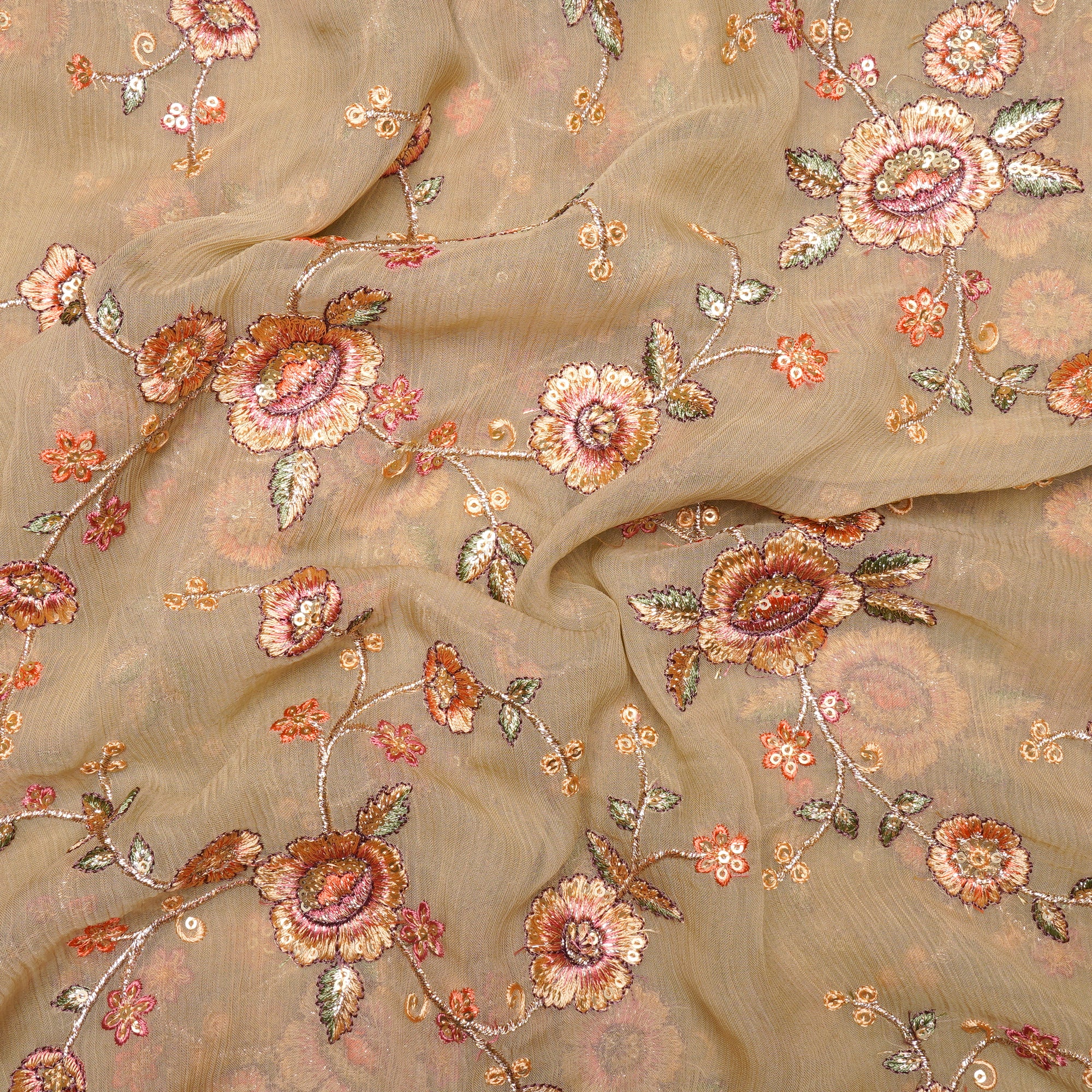 Beige Floral Pattern Thread Sequins Embroidered Bemberg Chiffon Fabric