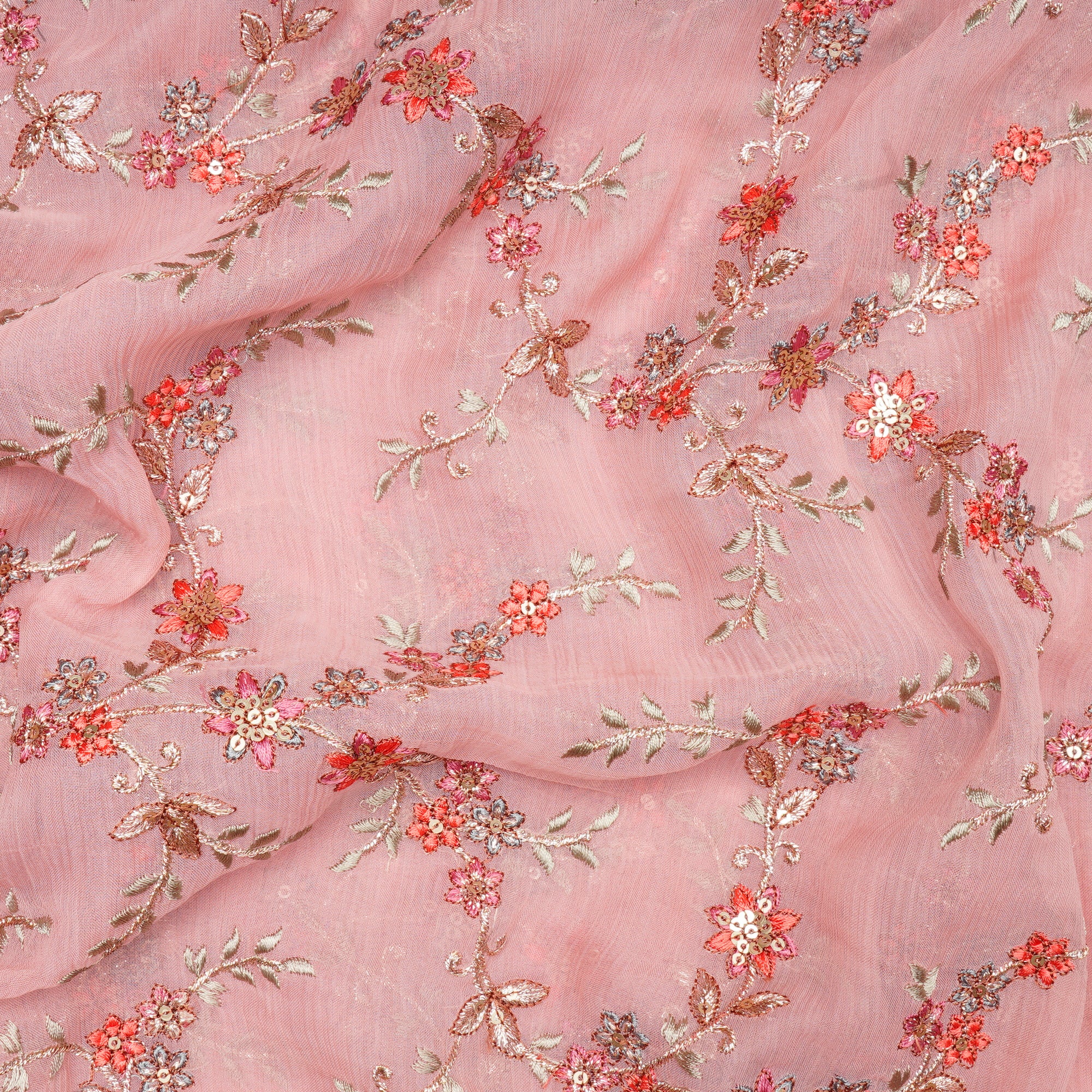 Baby Pink Floral Pattern Thread Sequins Embroidered Bemberg Chiffon Fabric