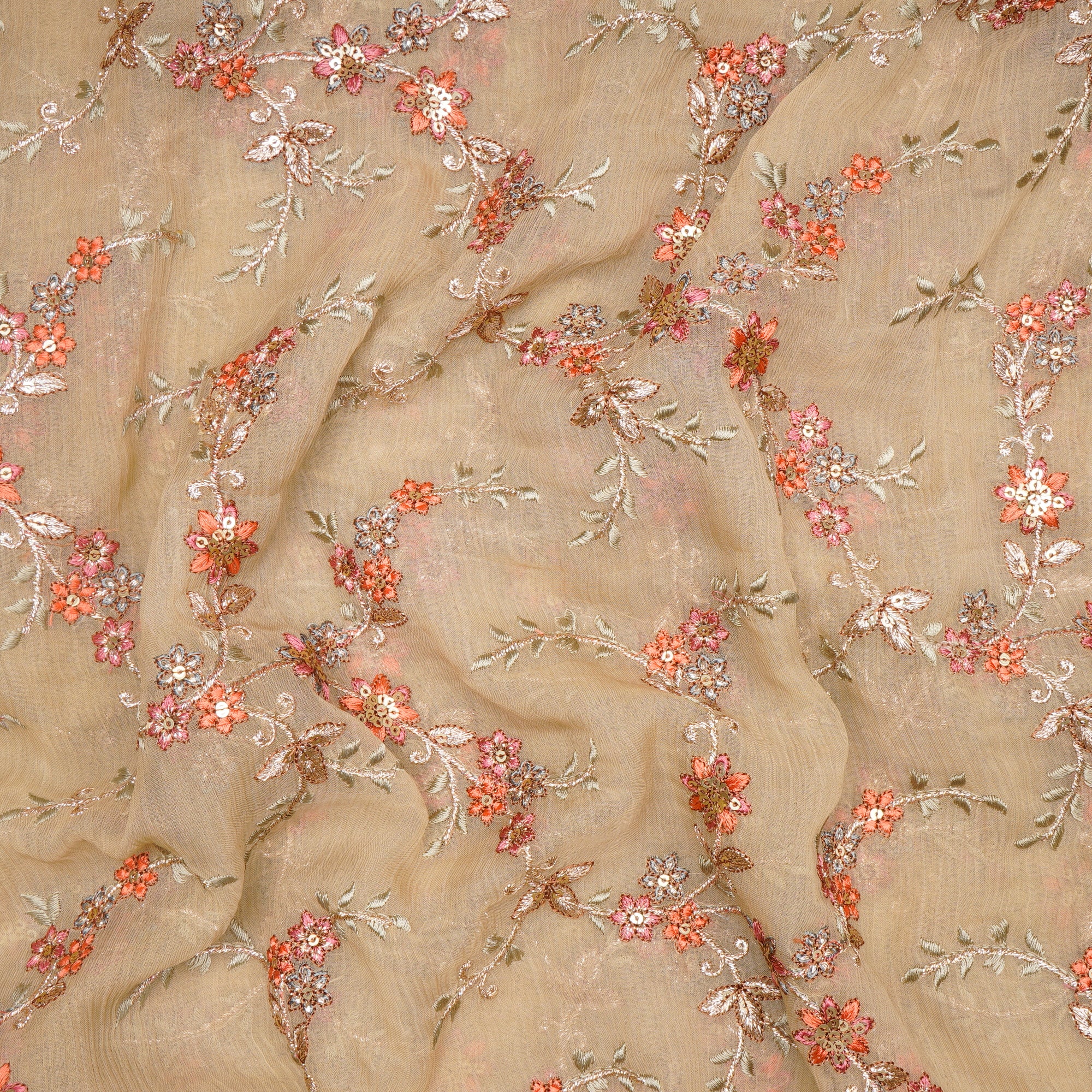 Beige Floral Pattern Thread Sequins Embroidered Bemberg Chiffon Fabric