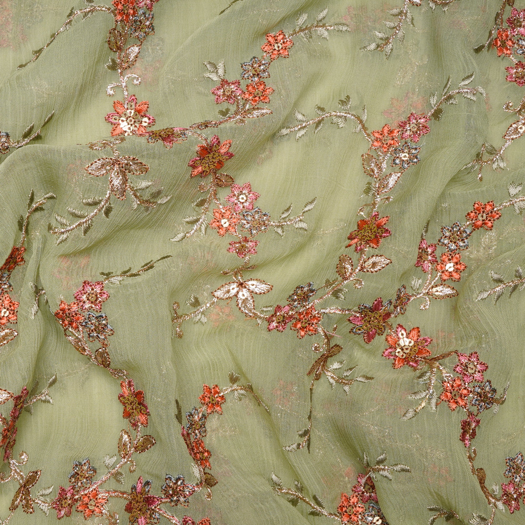 Lime Green Floral Pattern Thread Sequins Embroidered Bemberg Chiffon Fabric