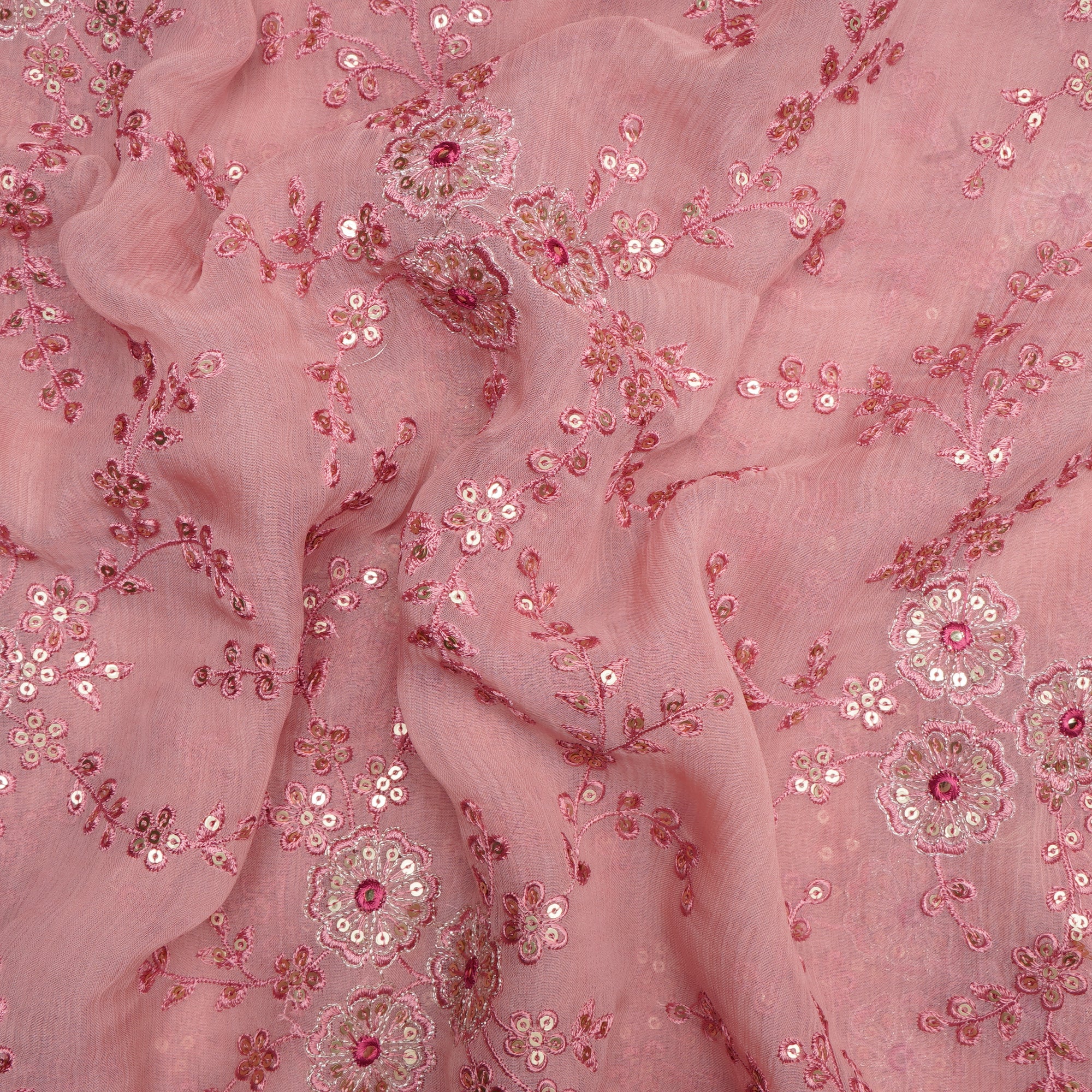 Baby Pink Floral Pattern Thread Sequins Embroidered Bemberg Chiffon Fabric