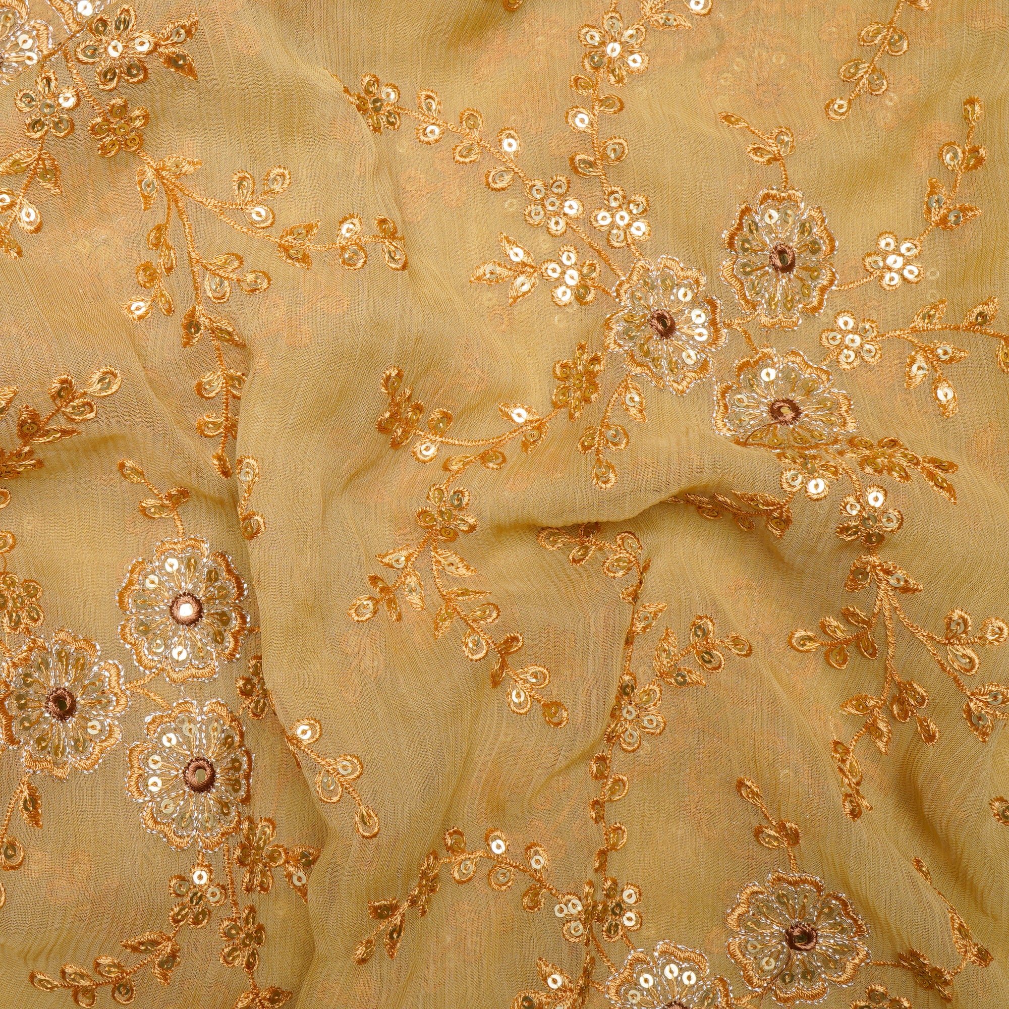 Cream Floral Pattern Thread Sequins Embroidered Bemberg Chiffon Fabric