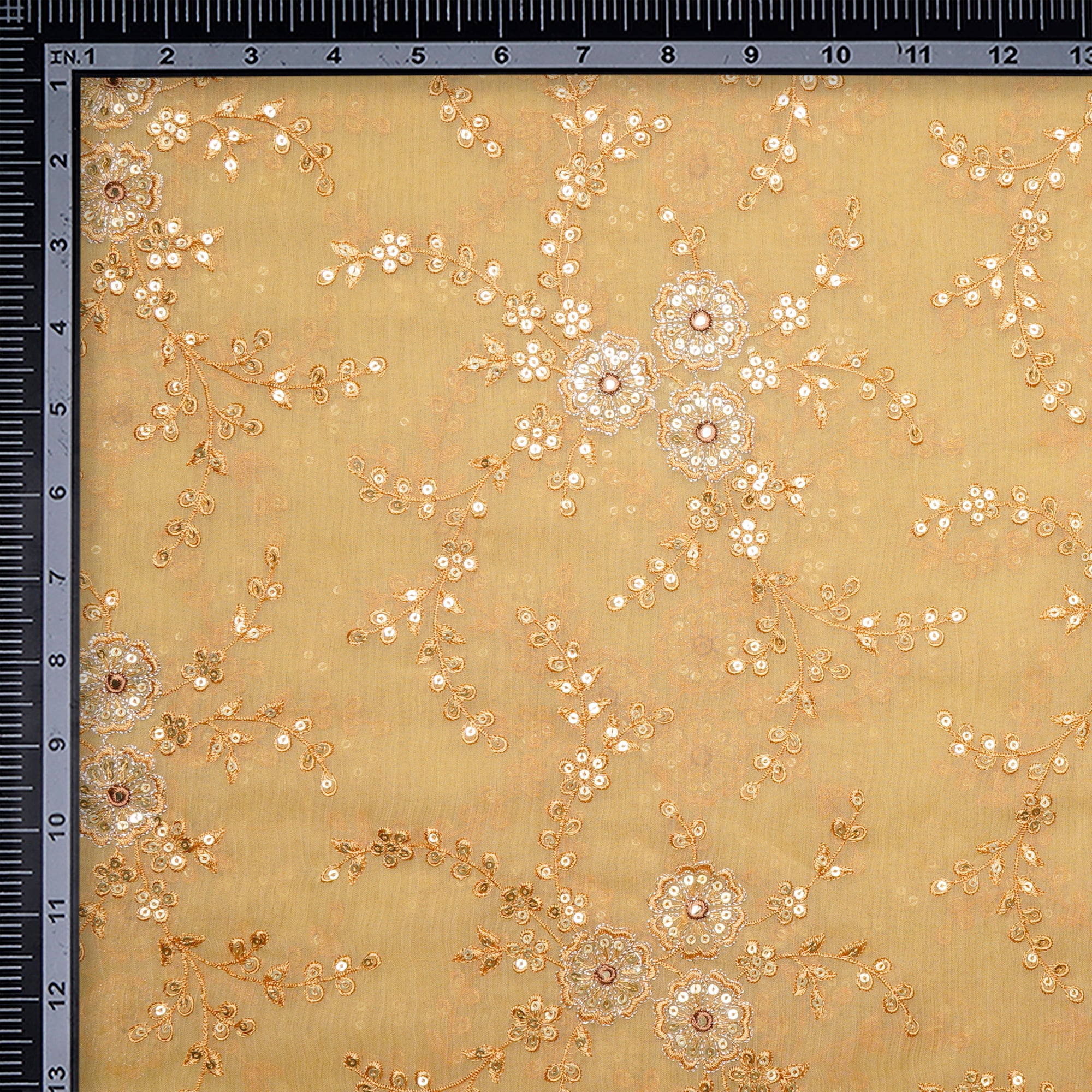 Cream Floral Pattern Thread Sequins Embroidered Bemberg Chiffon Fabric