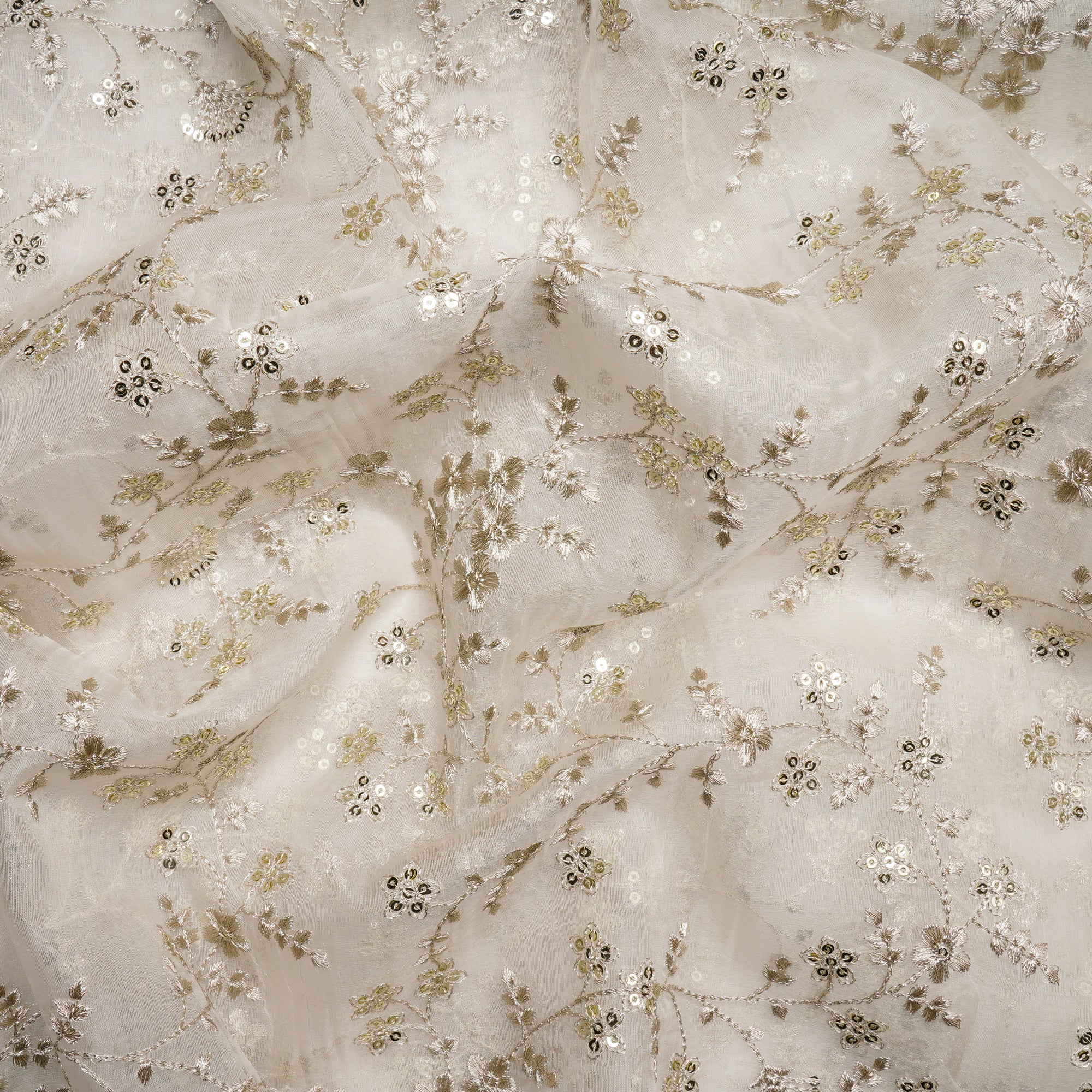 White Dyeable Floral Pattern Zari Sequins Embroidered Organza Silk Fabric