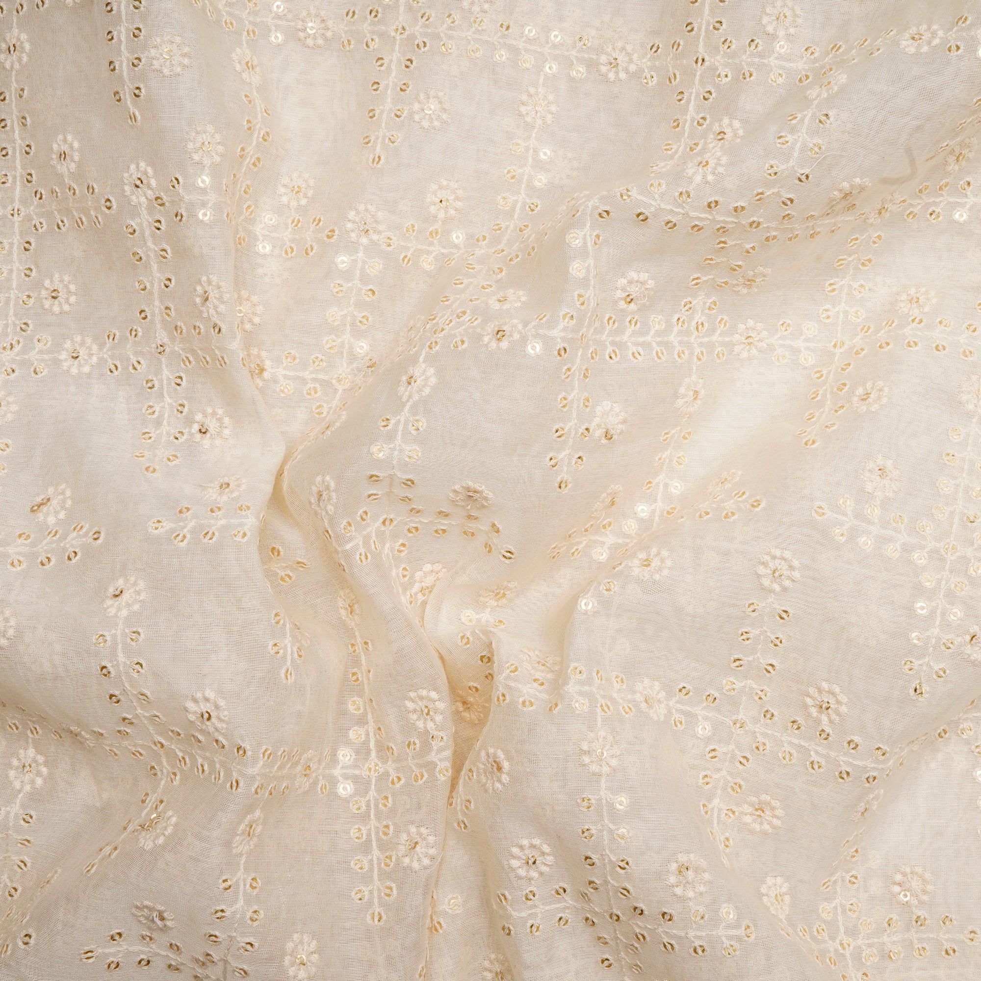 White Dyeable All Over Pattern Sequins Embroidered Chanderi Fabric